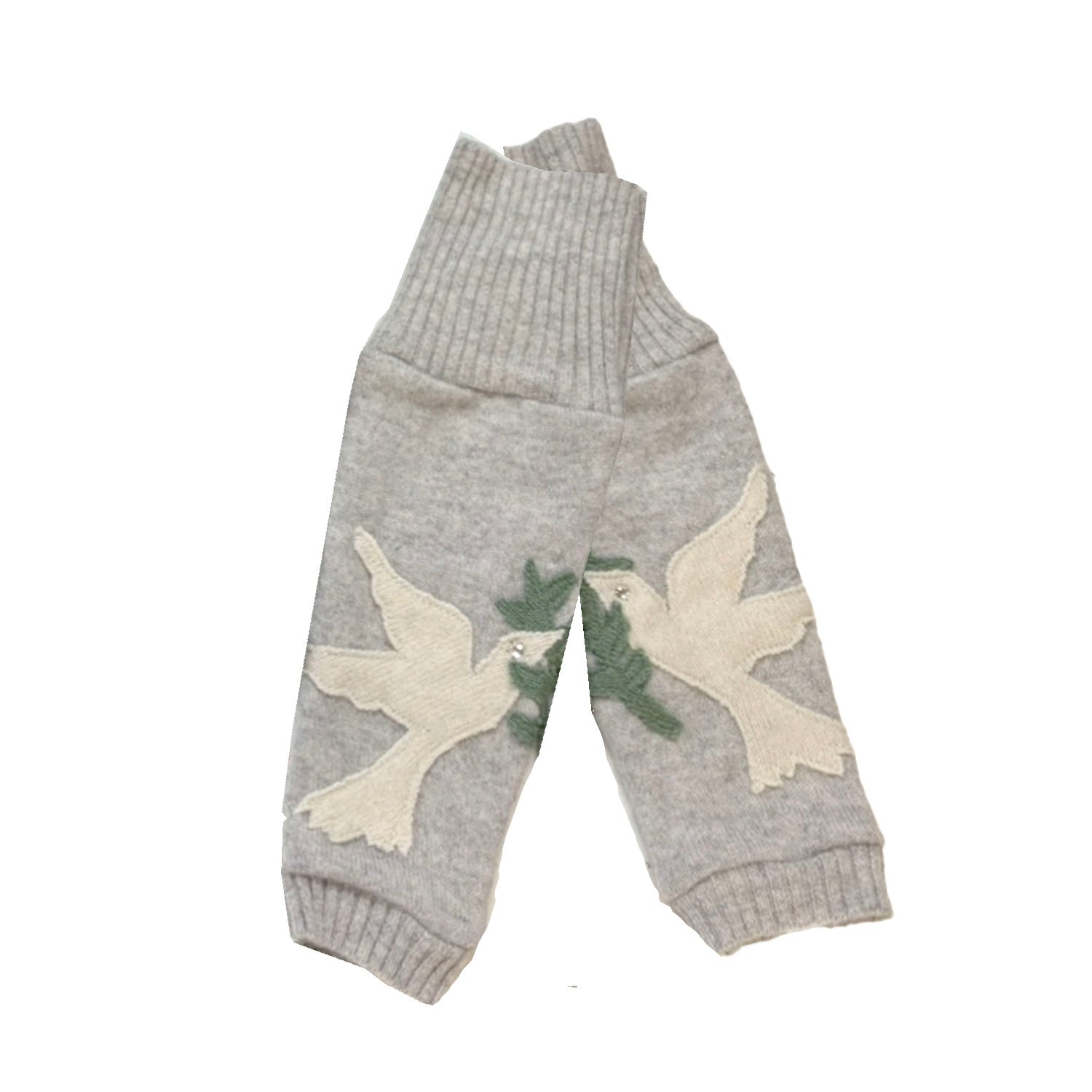 Heather grey cashmere fingerless gloves with ivory dove and green olive branch appliqués on each hand.