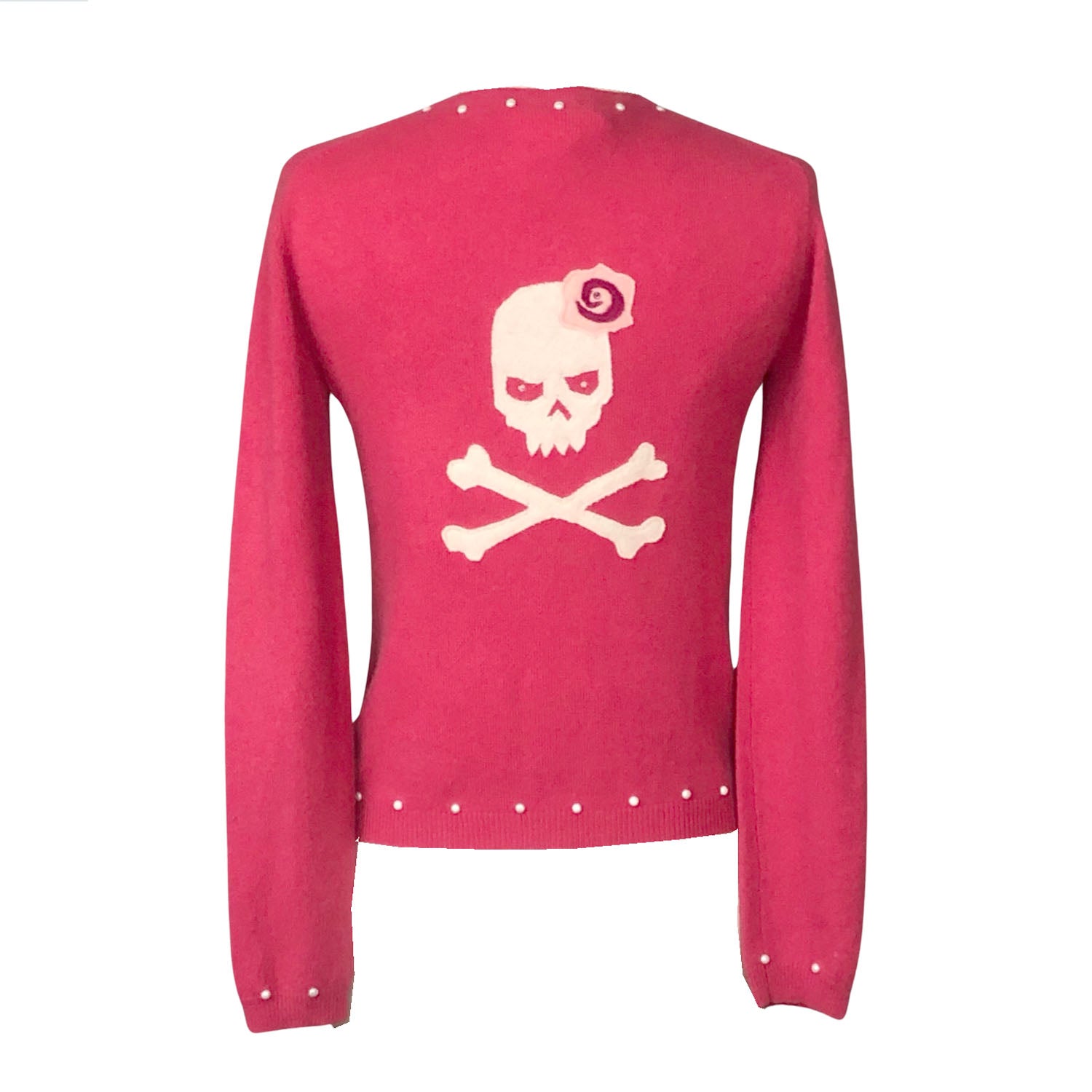 Skull Cardigan in pink reincarnated cashmere with skull and rose appliqué, pearl buttons, and pearl studs