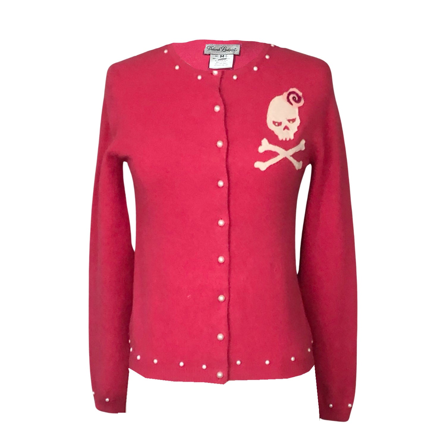 Skull Cardigan in pink reincarnated cashmere with skull and rose appliqué, pearl buttons, and pearl studs