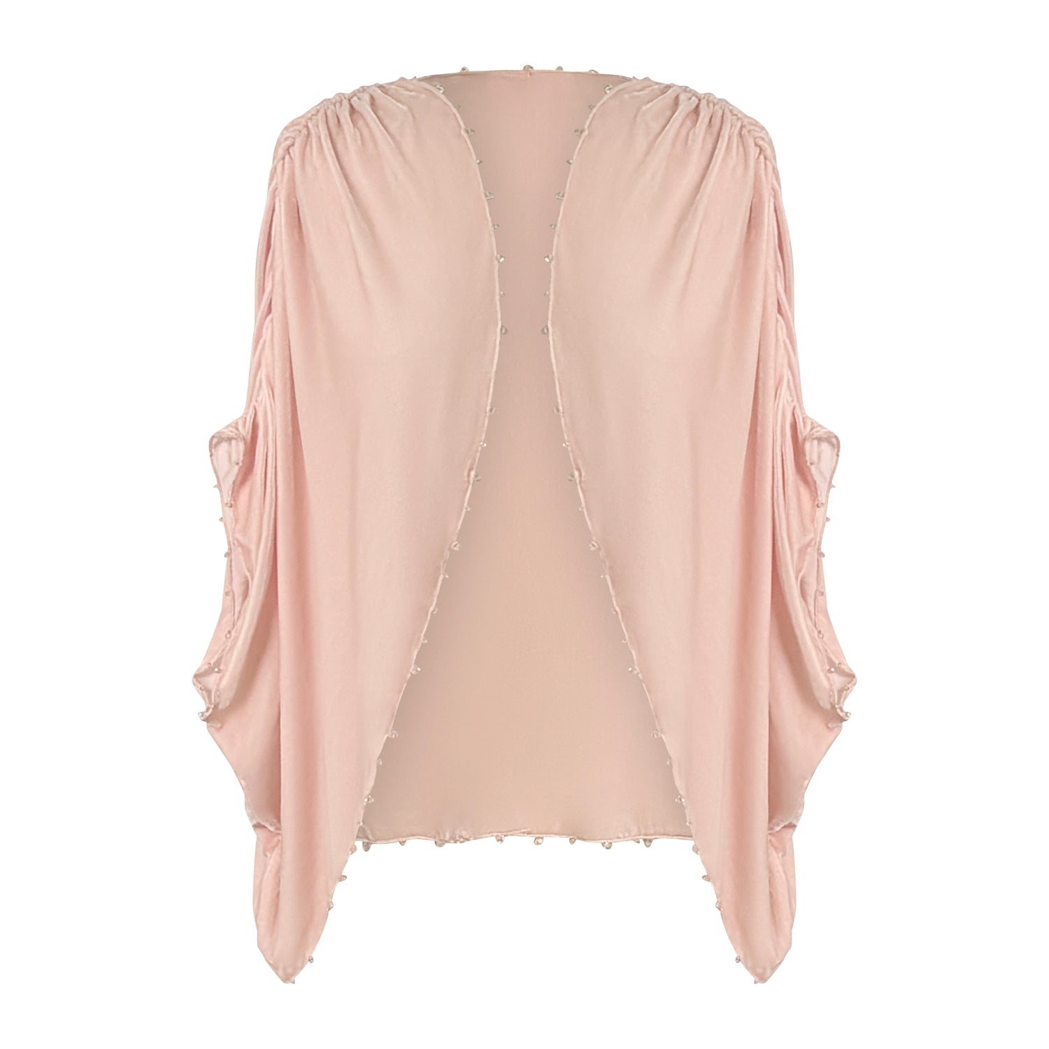 pink velvet shrug with crystal beaded edge
