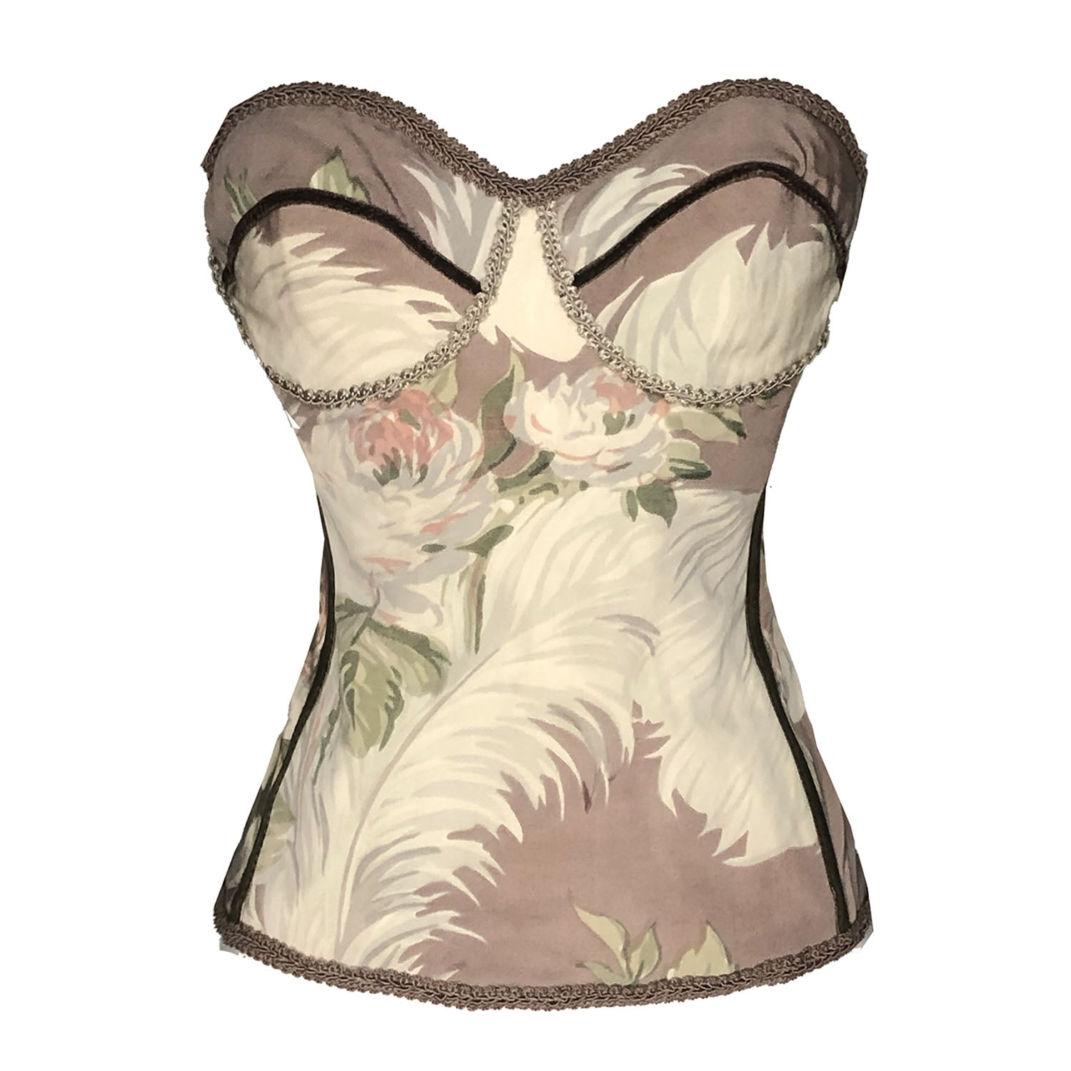 Vintage bustier with 1940s feather and rose print in soft earth tones and velvet and braided trim detailing.