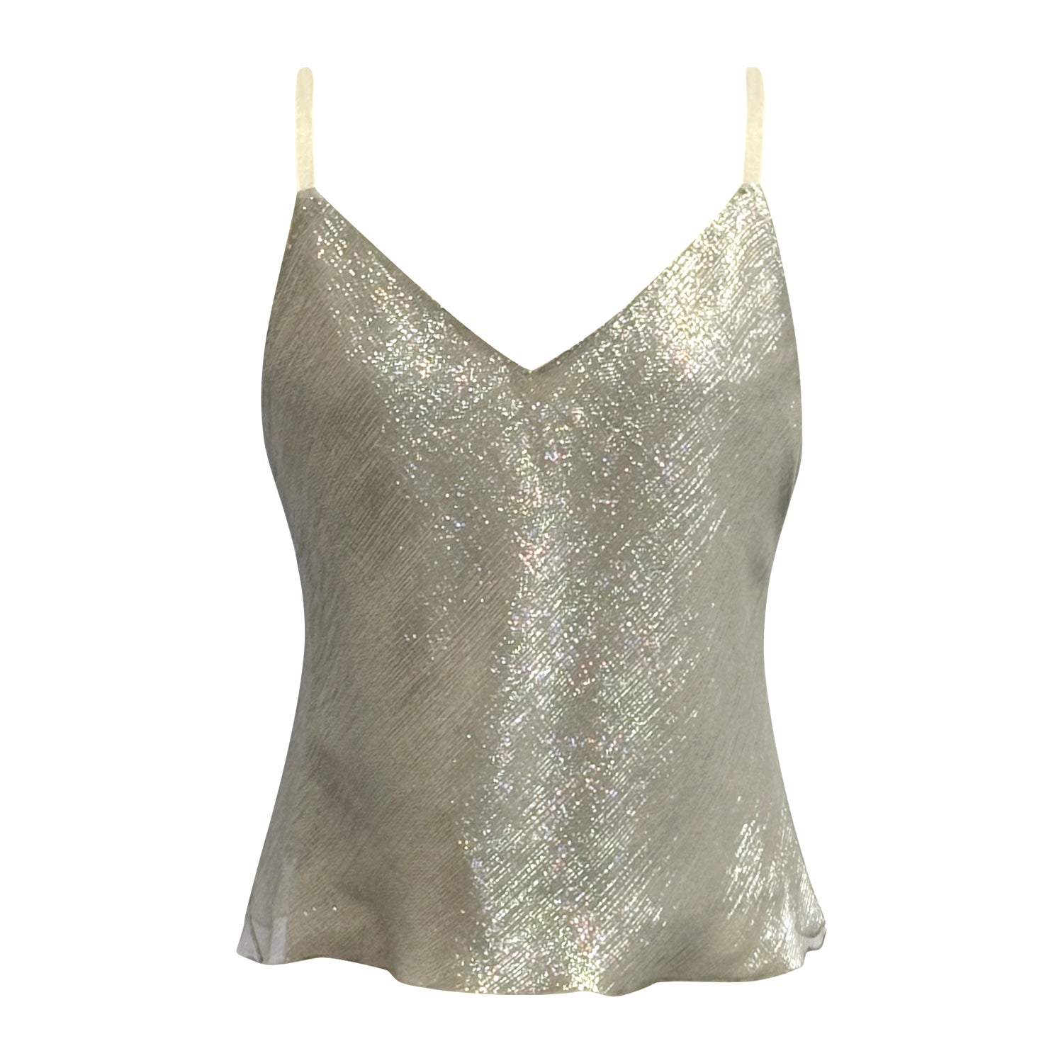 Silver metallic silk organza camisole with subtle shine,