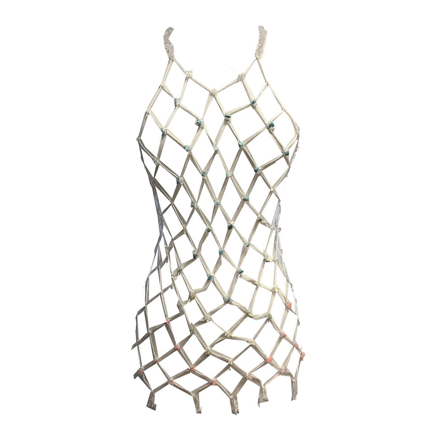 “Hand-beaded net overlay with semiprecious stones”