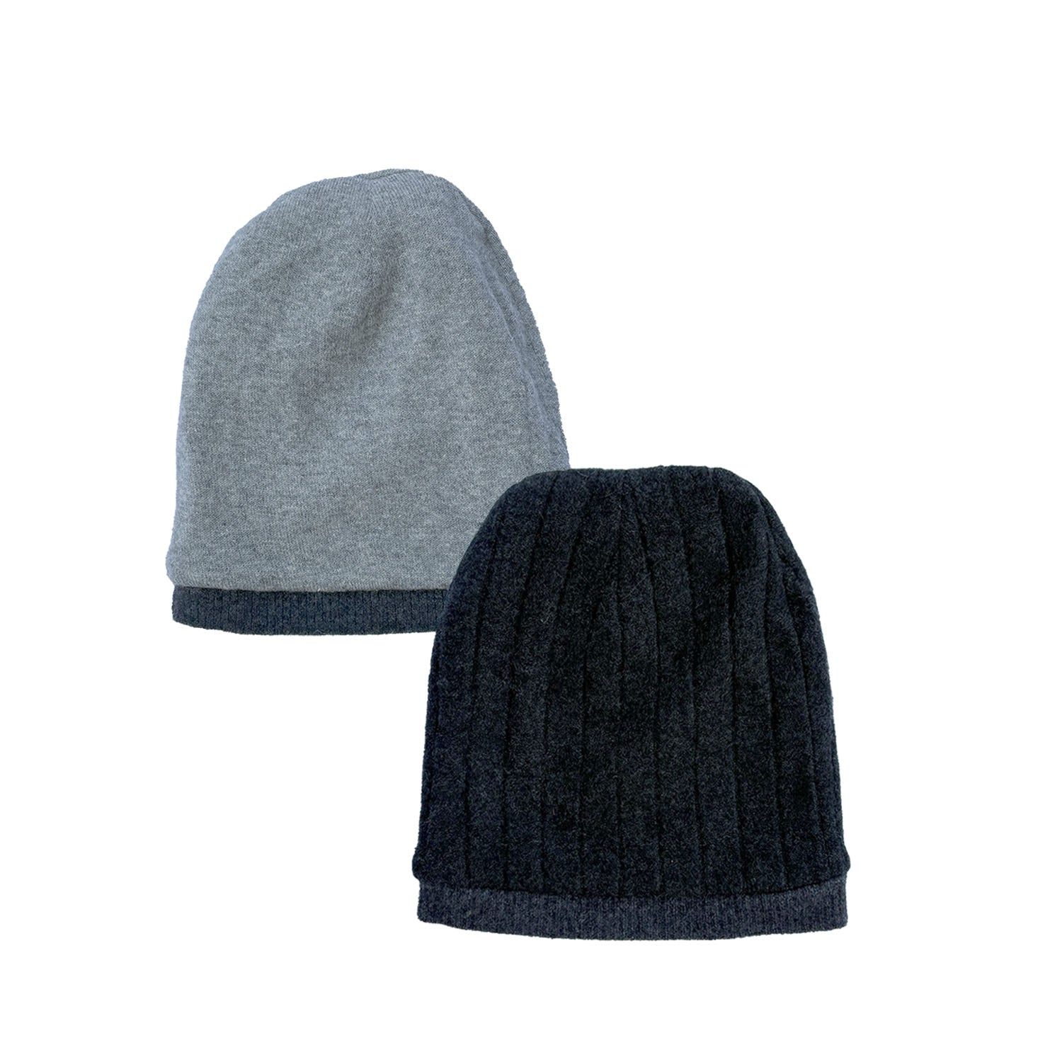 Reversible slouchy cap made from recycled purple and olive cashmere — soft, double-layered knit hat.