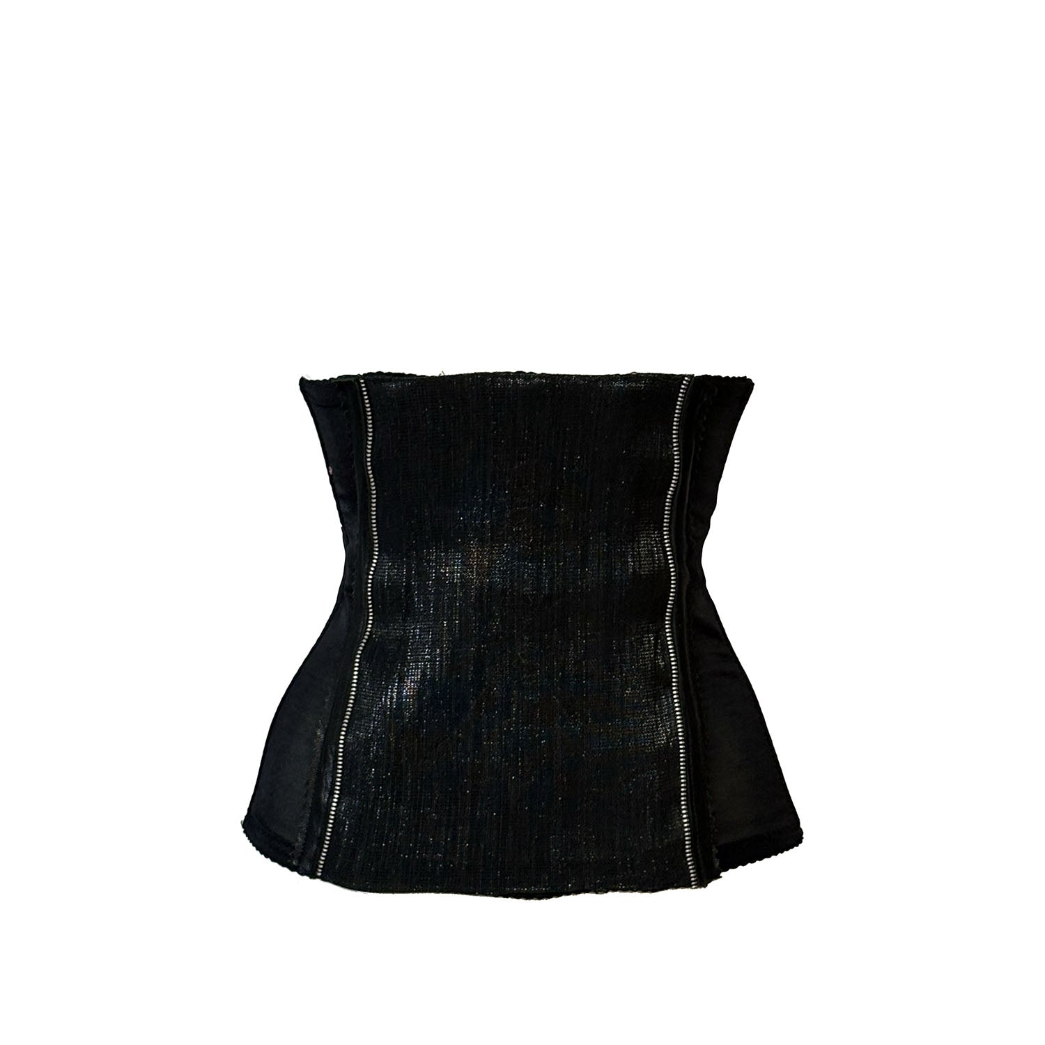 Black corset made from sonic fabric with subtle sheen and vintage leather trim, sculpted silhouette.