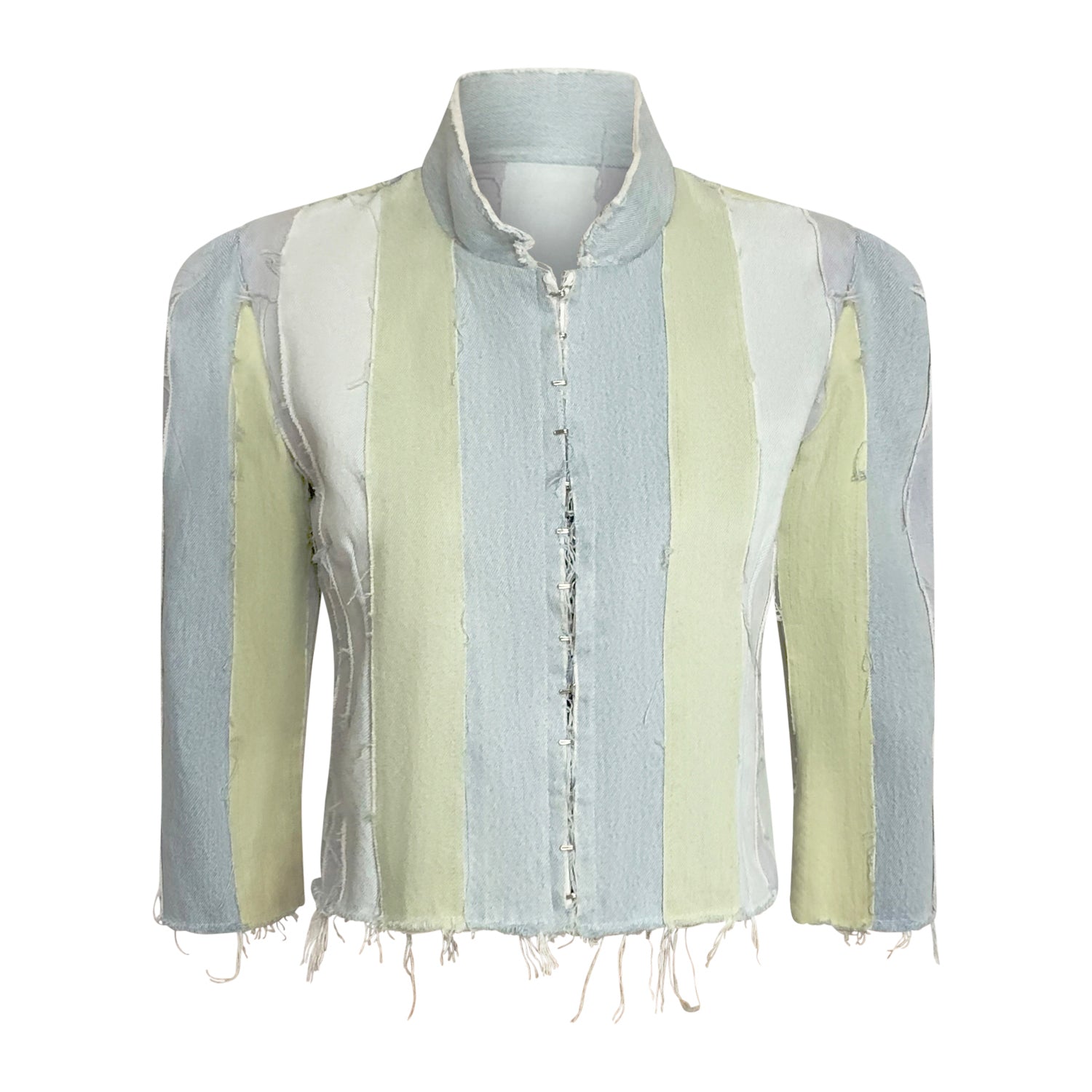 Cropped bleached denim jacket with vertical pastel stripes, standing collar, ¾ sleeves, and raw hem finish — Nova Crop Jacket.