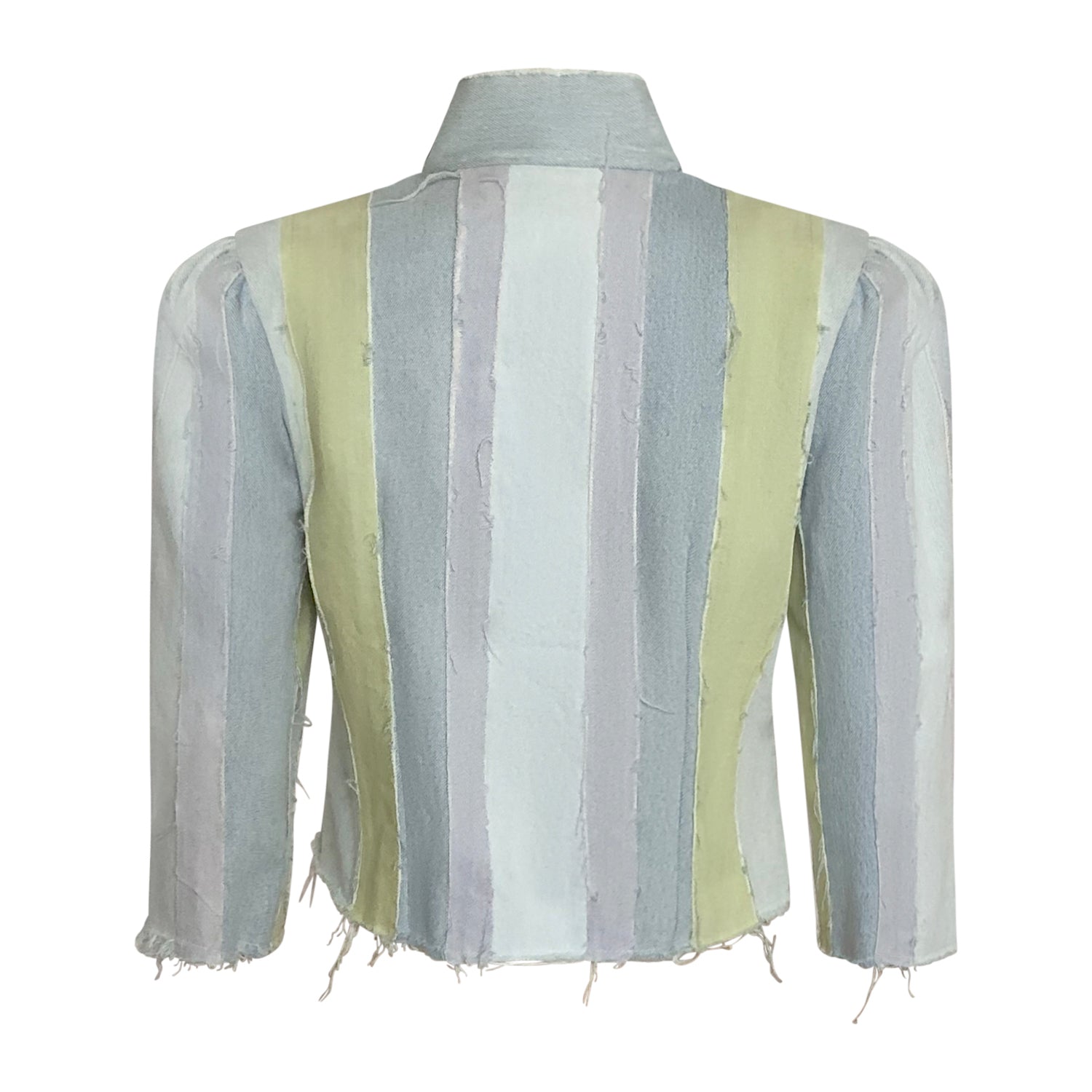 Cropped bleached denim jacket with vertical pastel stripes, standing collar, ¾ sleeves, and raw hem finish — Nova Crop Jacket.