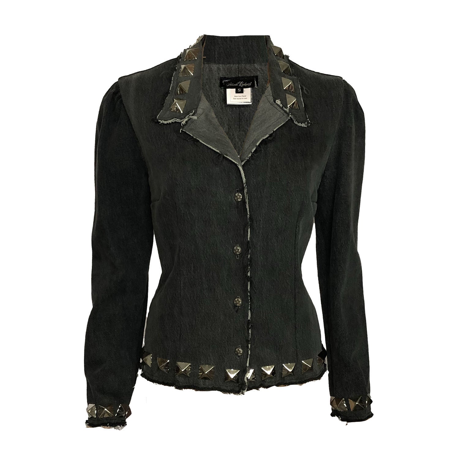 Nancy Jacket in upcycled denim with raw edges, silver studs at collar and hem, button front, and tailored silhouette.
