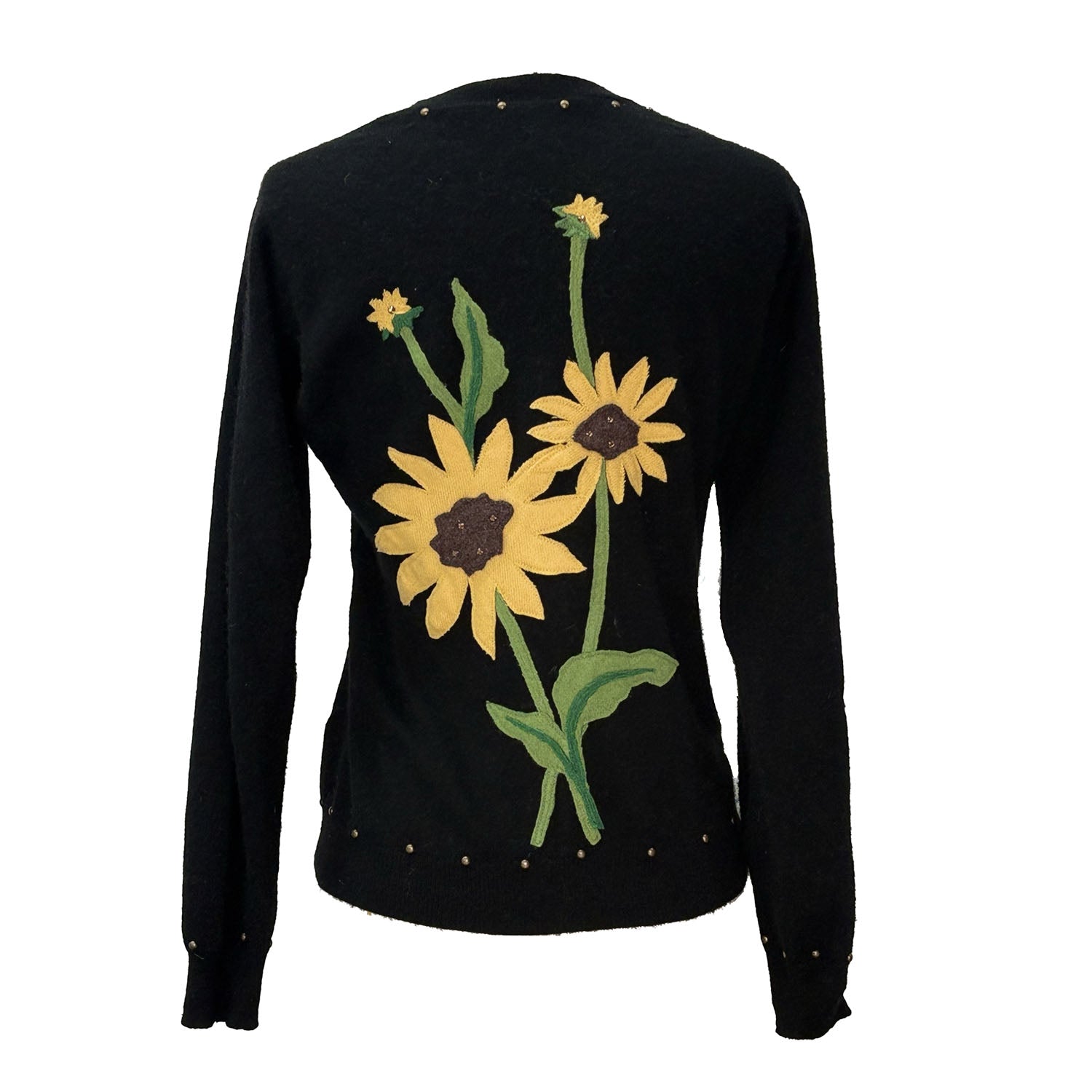 back Sunflower Cardigan in black upcycled cashmere with floral appliqué at back, metal buttons and brass studs