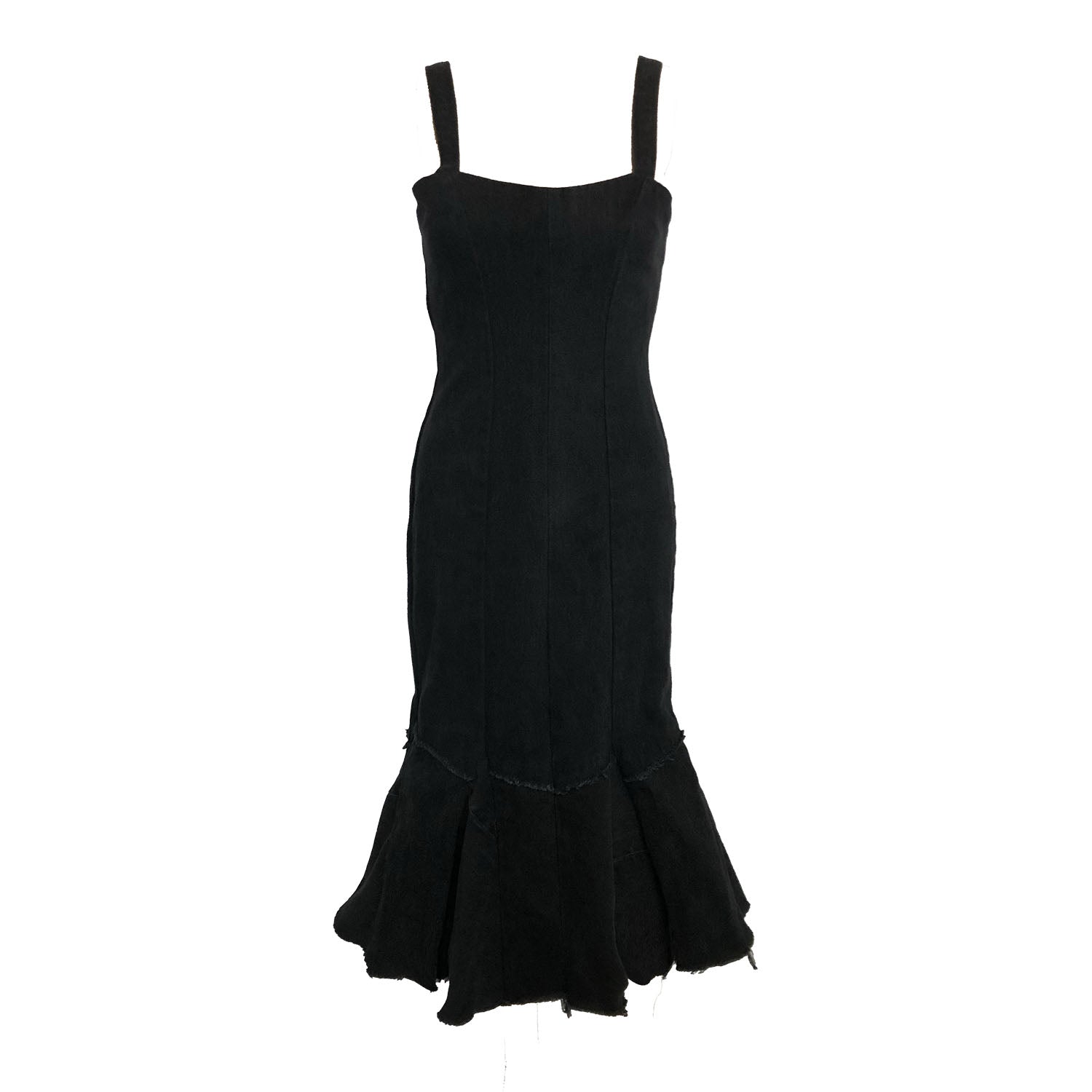 Twyla Dress – fit-and-flare upcycled denim dress with raw hem and exposed back zipper, mermaid silhouette shown in black.