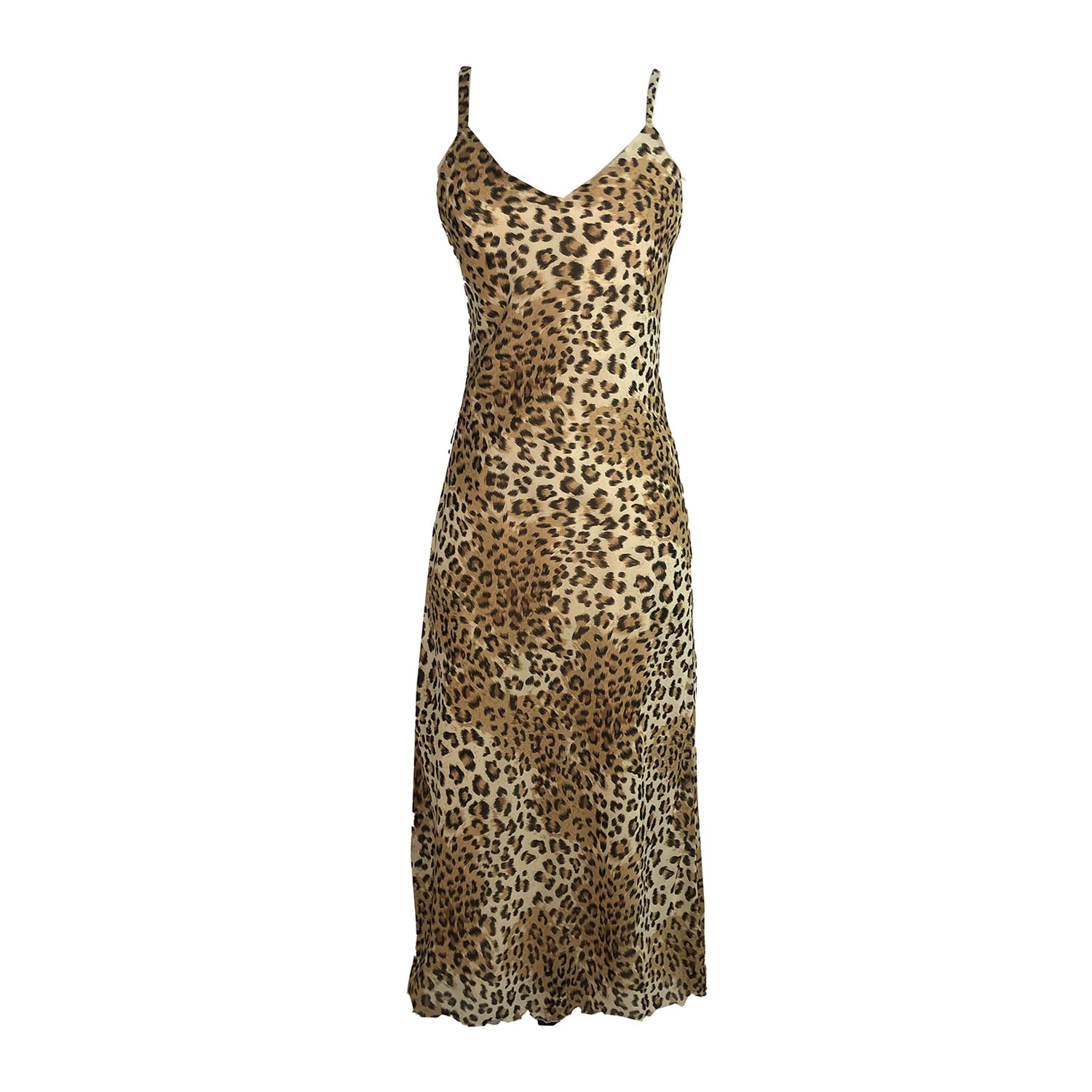 Leopard-print vegan rayon slip dress with adjustable straps, cotton voile lining, and bias-cut silhouette made from deadstock fabric.