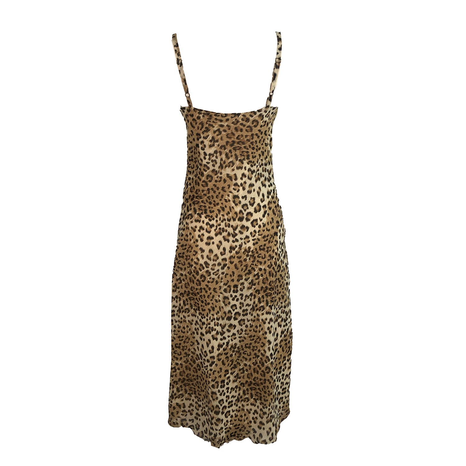 back -Leopard-print vegan rayon slip dress with adjustable straps, cotton voile lining, and bias-cut silhouette made from deadstock fabric.