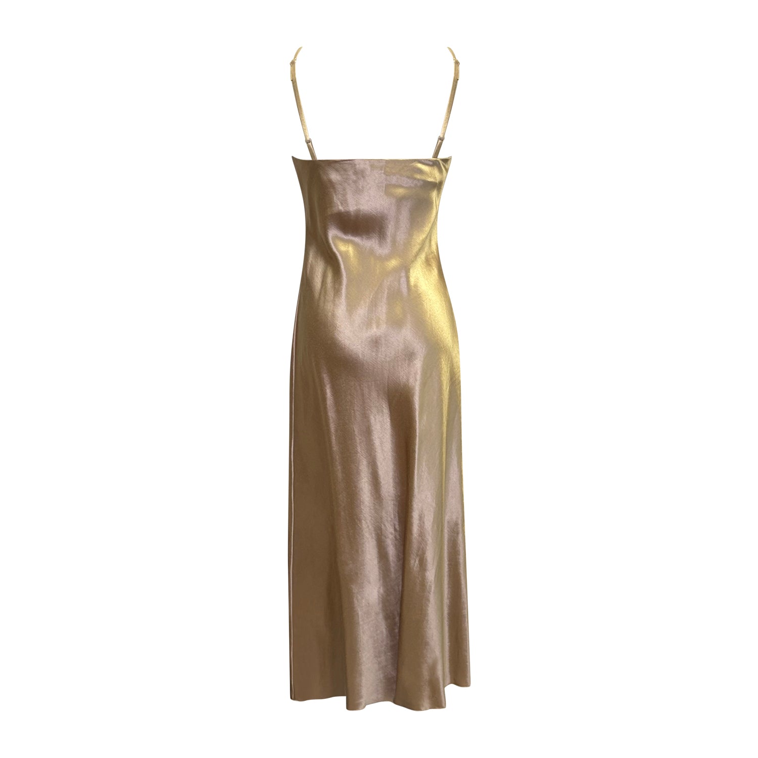 Champagne-colored hemp silk satin slipdress with adjustable straps, back.