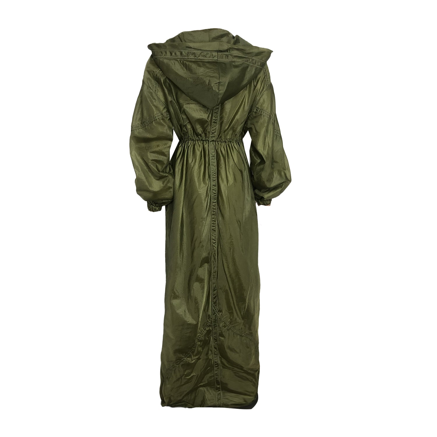 back Olive green full-length bomber coat with hood, drawstring waist, and side pockets, made from upcycled parachute nylon.