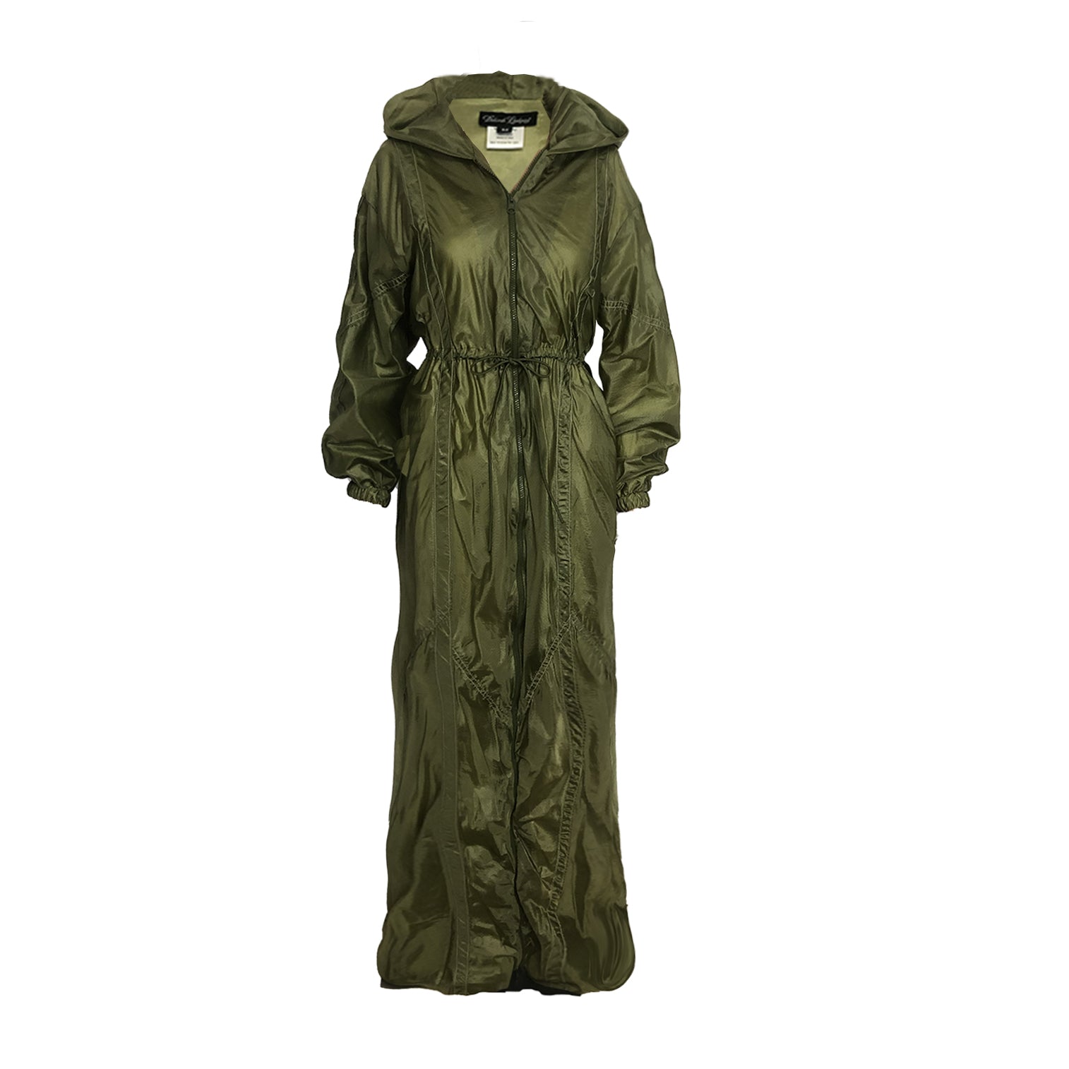 Olive green full-length bomber coat with hood, drawstring waist, and side pockets, made from upcycled parachute nylon.