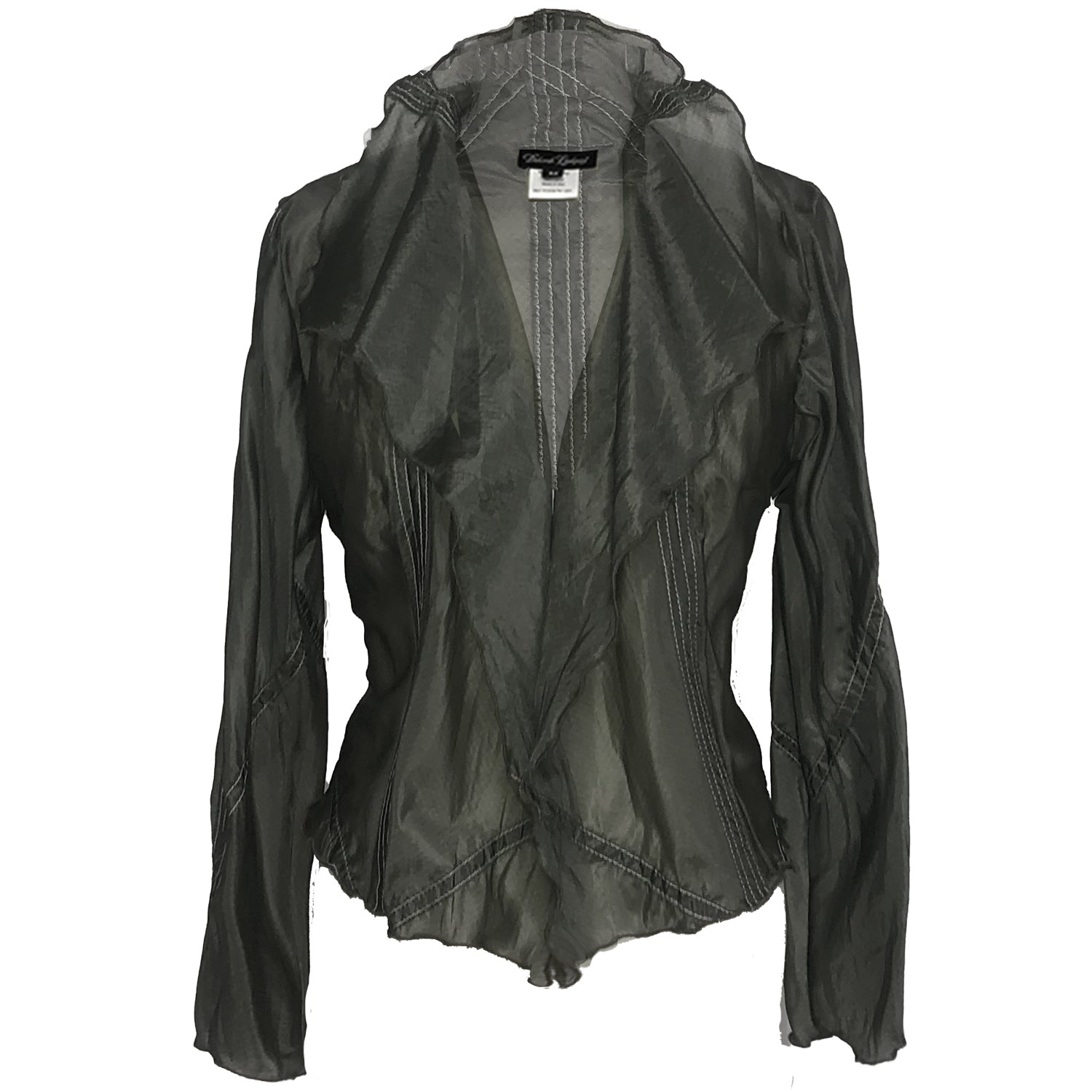 Lightweight steel grey parachute jacket with long sleeves and a softly draped, flutter-style front.