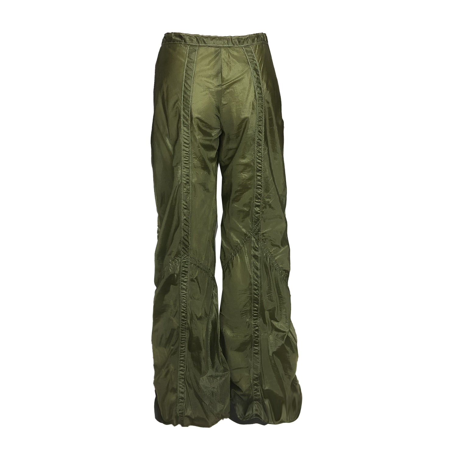 Wide-leg nylon parachute pants in neutral tone with drawstring waist and fly front, made from upcycled military material back