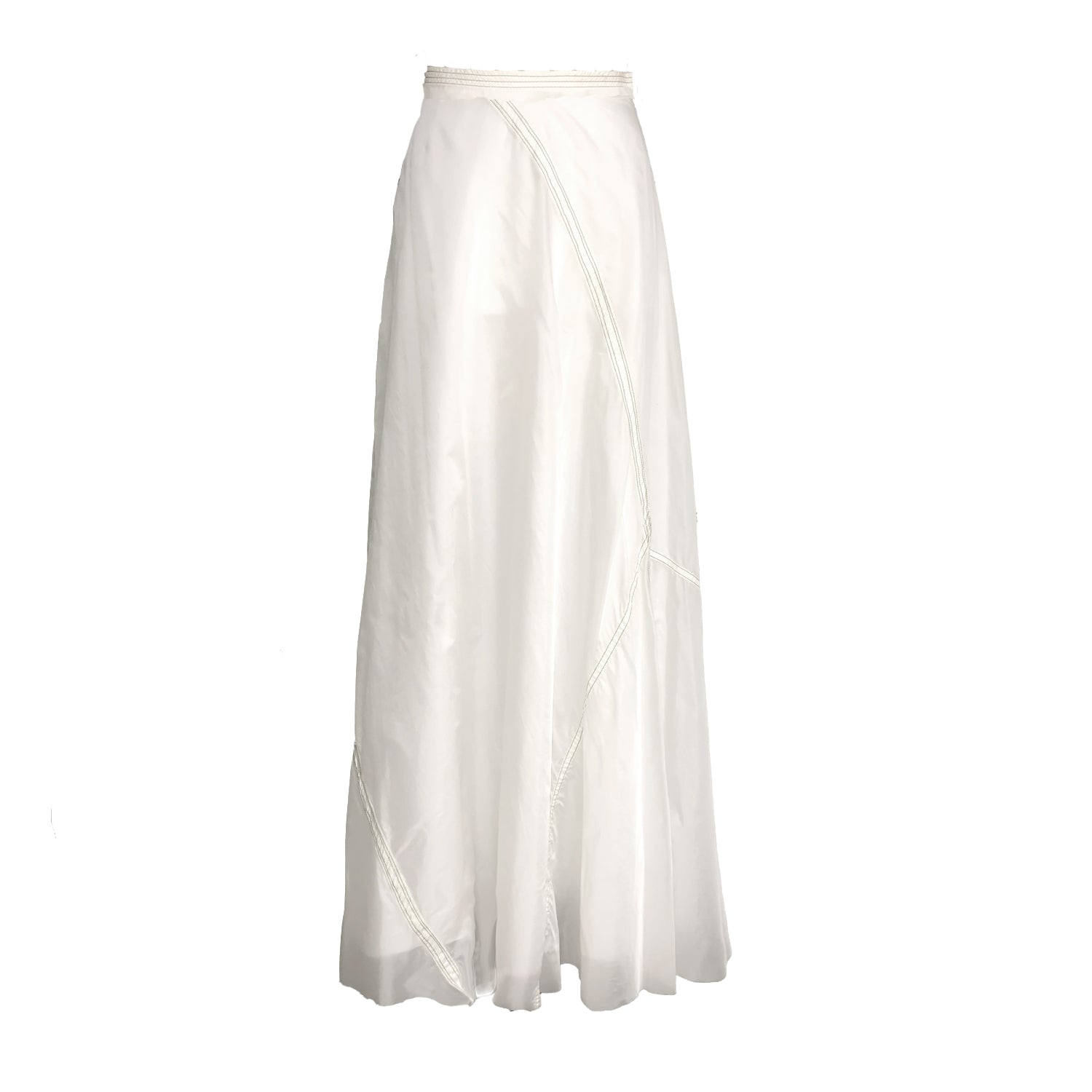 Flowing white parachute skirt in a half-circle silhouette with subtle seam details; crafted from lightweight upcycled military nylon.