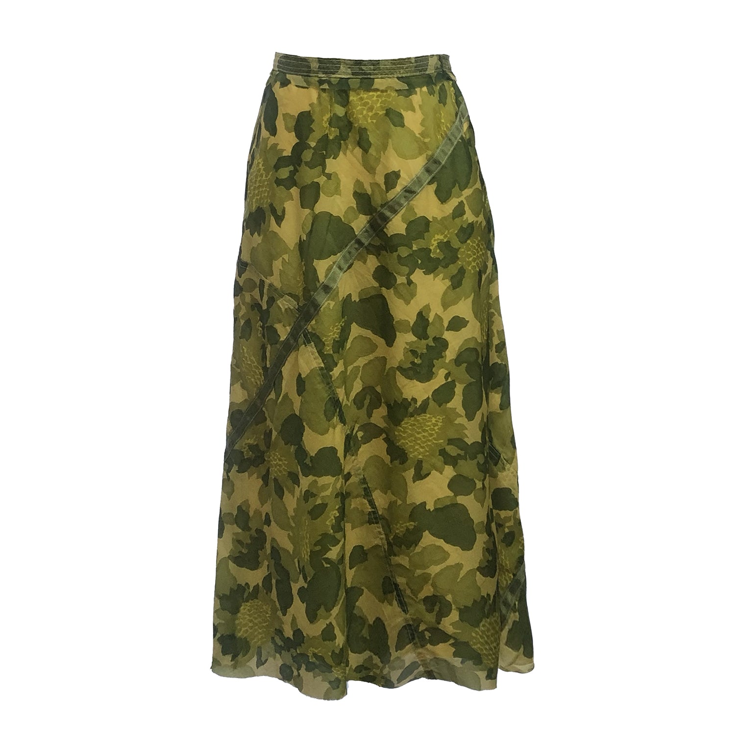 Olive green camo print midi skirt made from upcycled parachute nylon with hidden sunflower details; bias-cut with subtle A-line shape.
