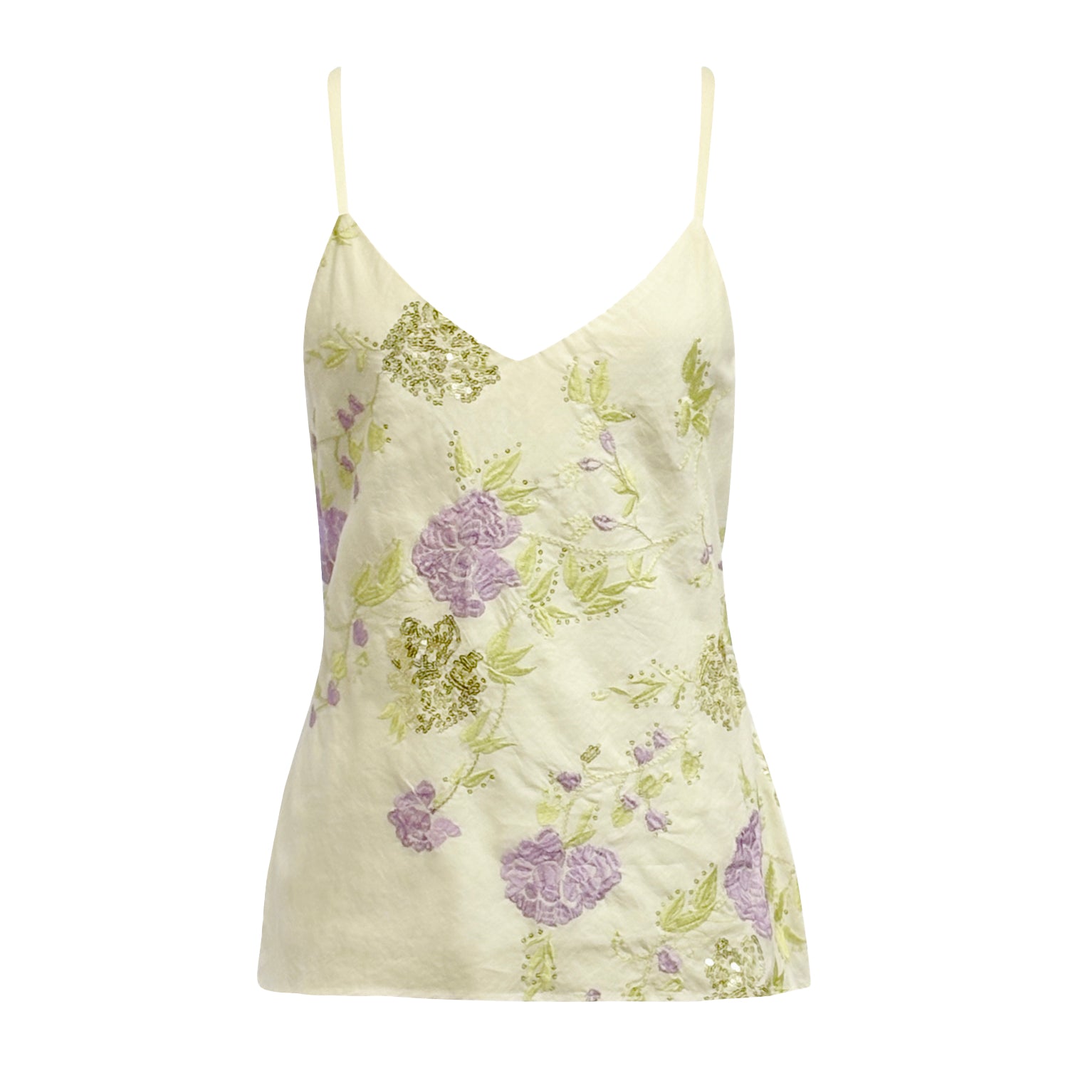 White cotton camisole with green and lavender floral embroidery and sequin detail, adjustable self straps