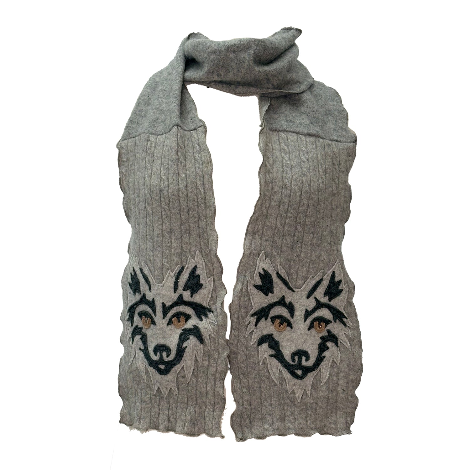 Heather grey cashmere scarf with bold rhinestone-accented wolf appliqués on both ends.