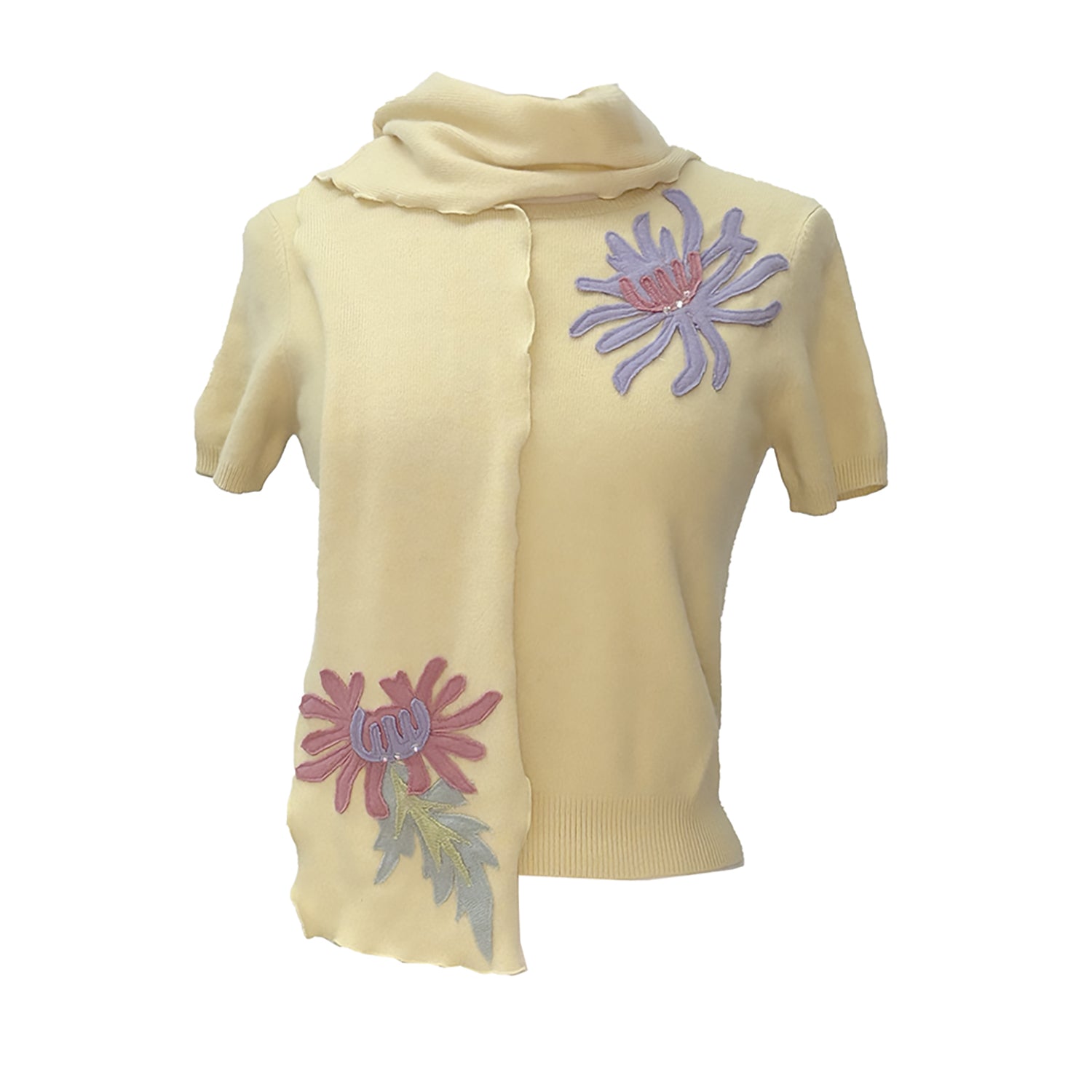 Yellow cashmere scarf with pink and violet chrysanthemum appliqués and rhinestone accents, handmade from recycled cashmere. paired with the yellow mums corsage sweater