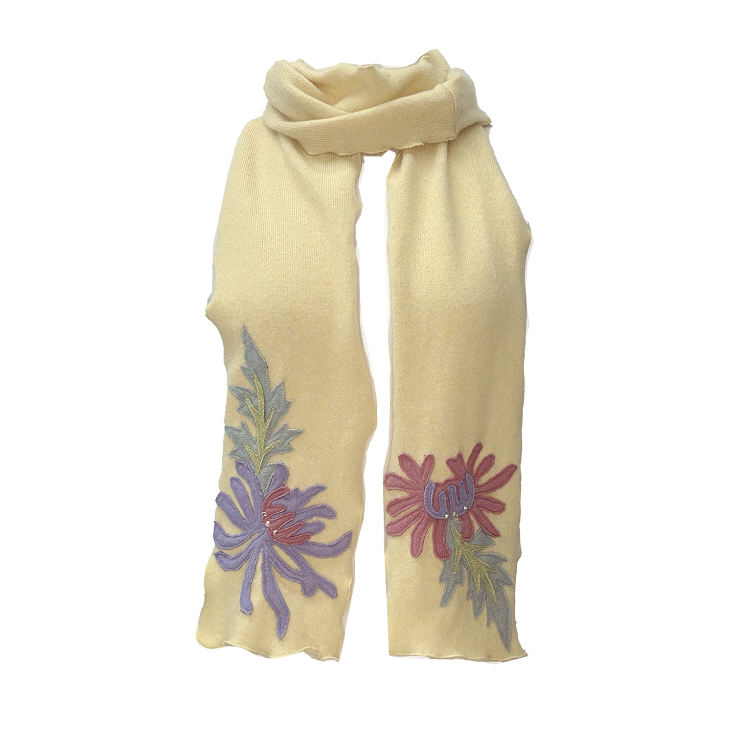 Yellow cashmere scarf with pink and violet chrysanthemum appliqués and rhinestone accents, handmade from recycled cashmere.