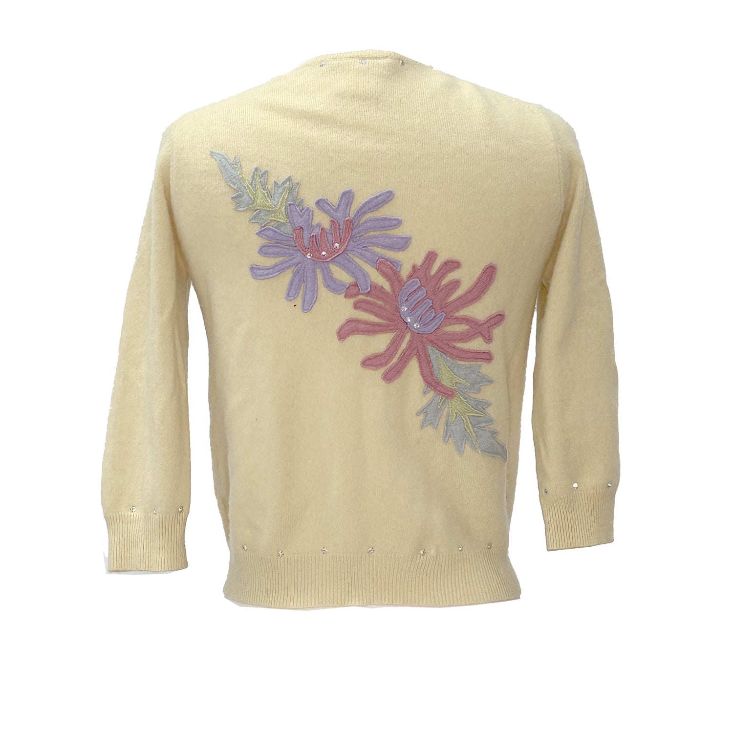 back Chrysanthemum Cardigan in cropped yellow cashmere, embellished with floral appliqués and rhinestones,