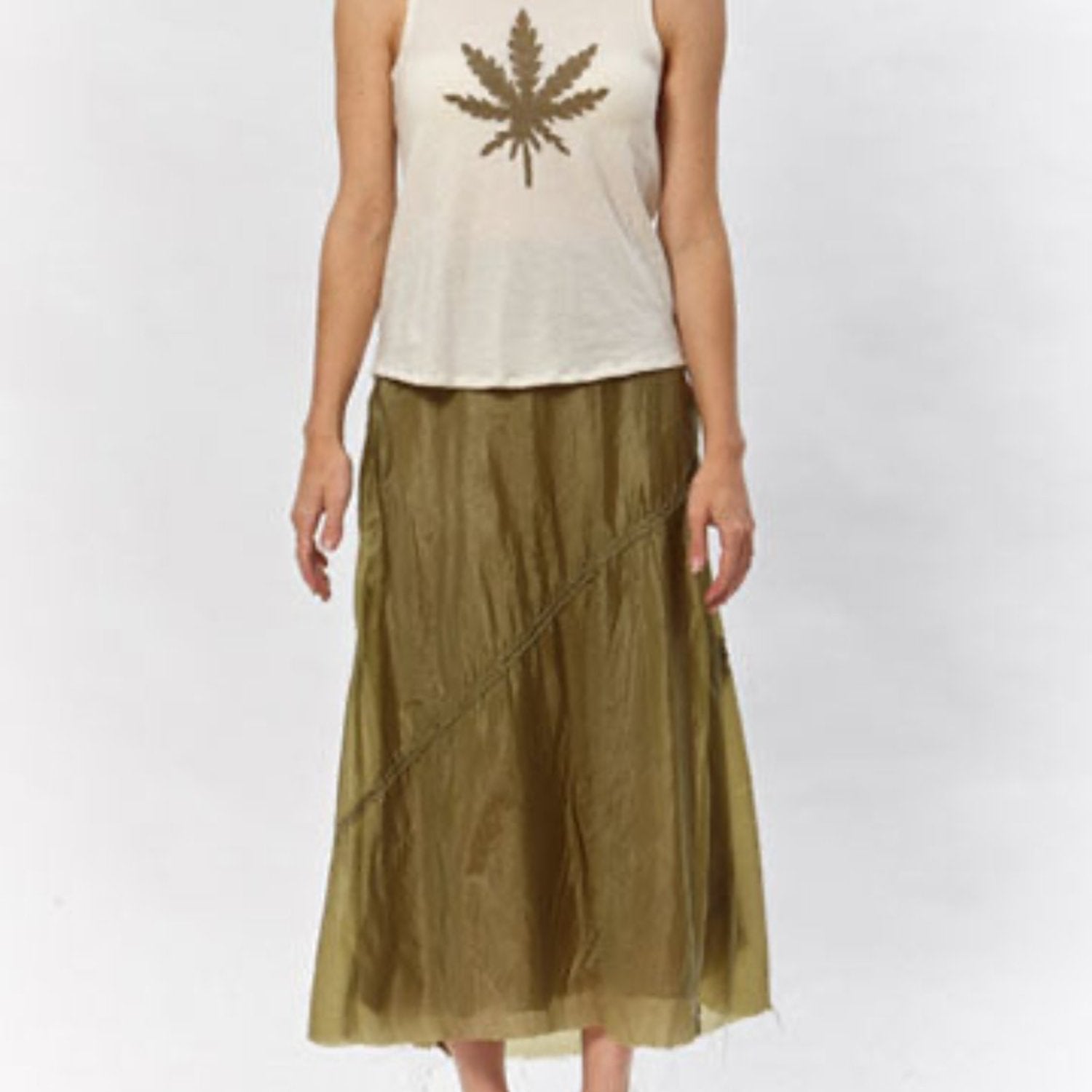 model Solid olive green bias-cut midi skirt made from upcycled parachute nylon; A-line silhouette with soft drape and tonal seam detail.