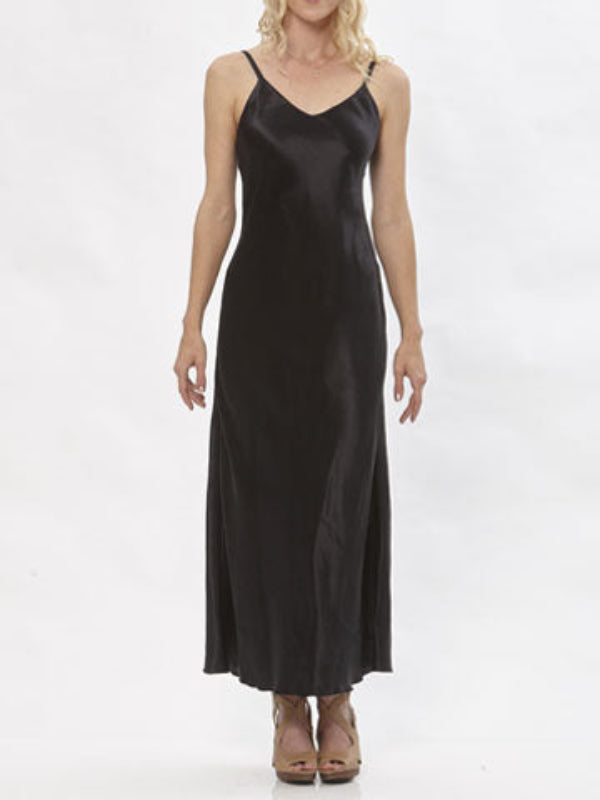 Black hemp silk satin slipdress with adjustable straps, shown on model.