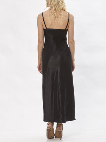 Black hemp silk satin slipdress with adjustable straps, shown on model.