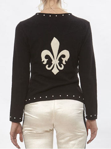 model back Black reincarnated cashmere cardigan with Fleur de Lys appliqué and pearl stud embellishments, handmade from upcycled sweaters.
