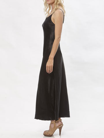 Black hemp silk satin slipdress with adjustable straps, shown on model.