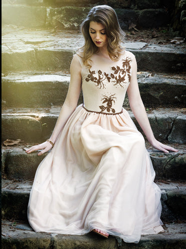 Model-Autumn Beaded Gown with vintage beaded wool illusion bodice and soft English net and silk chiffon skirt, in warm tones ideal for a fall wedding.