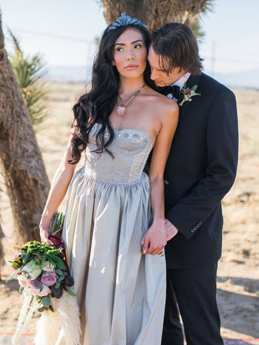 Pewter silk ballgown with metallic vintage lace bustier bodice