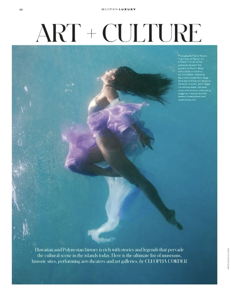"Model Alohi Vega Alvarado floats underwater in lavender tulle skirt and silver swimsuit by Deborah Lindquist for Modern Luxury Hawai’i."