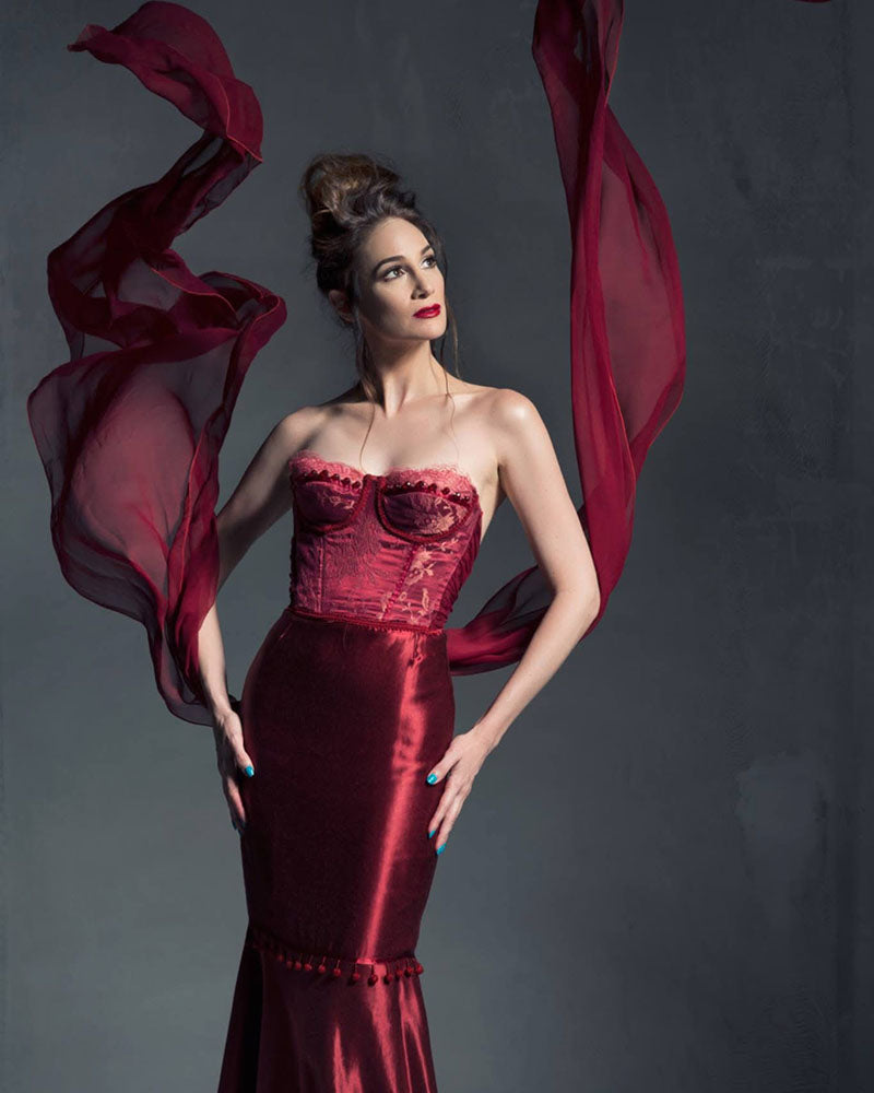 Tamela D’Amico wearing Deborah Lindquist Cassandra gown in Rob the Mob soundtrack shoot