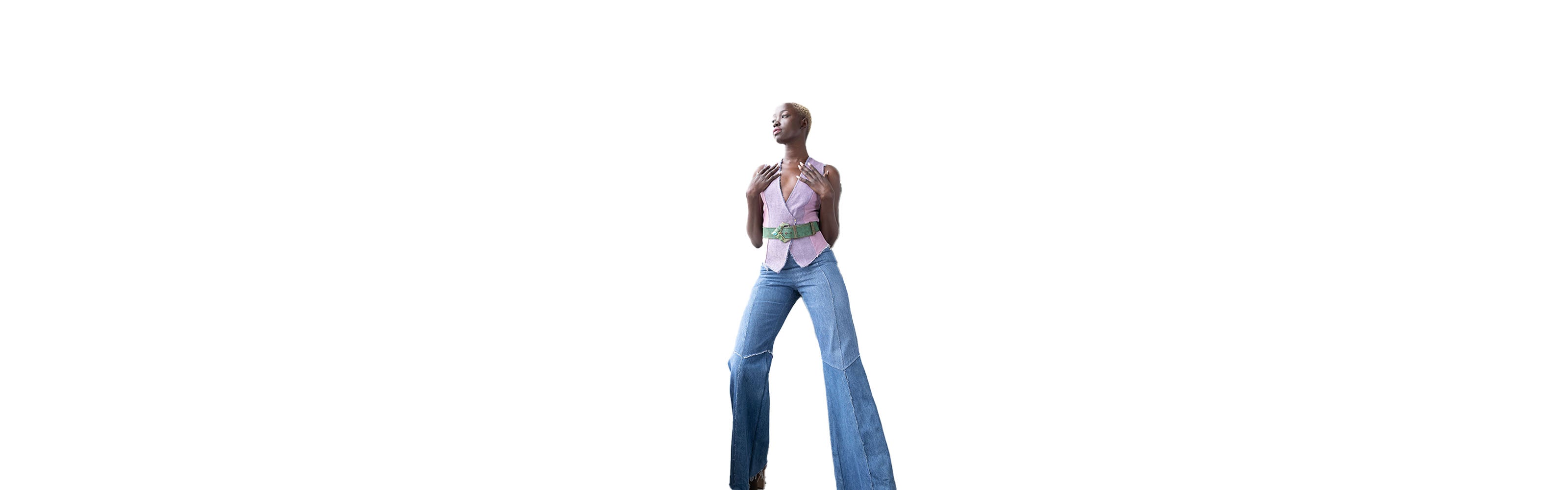 Denim jeans header image. model in cher jean