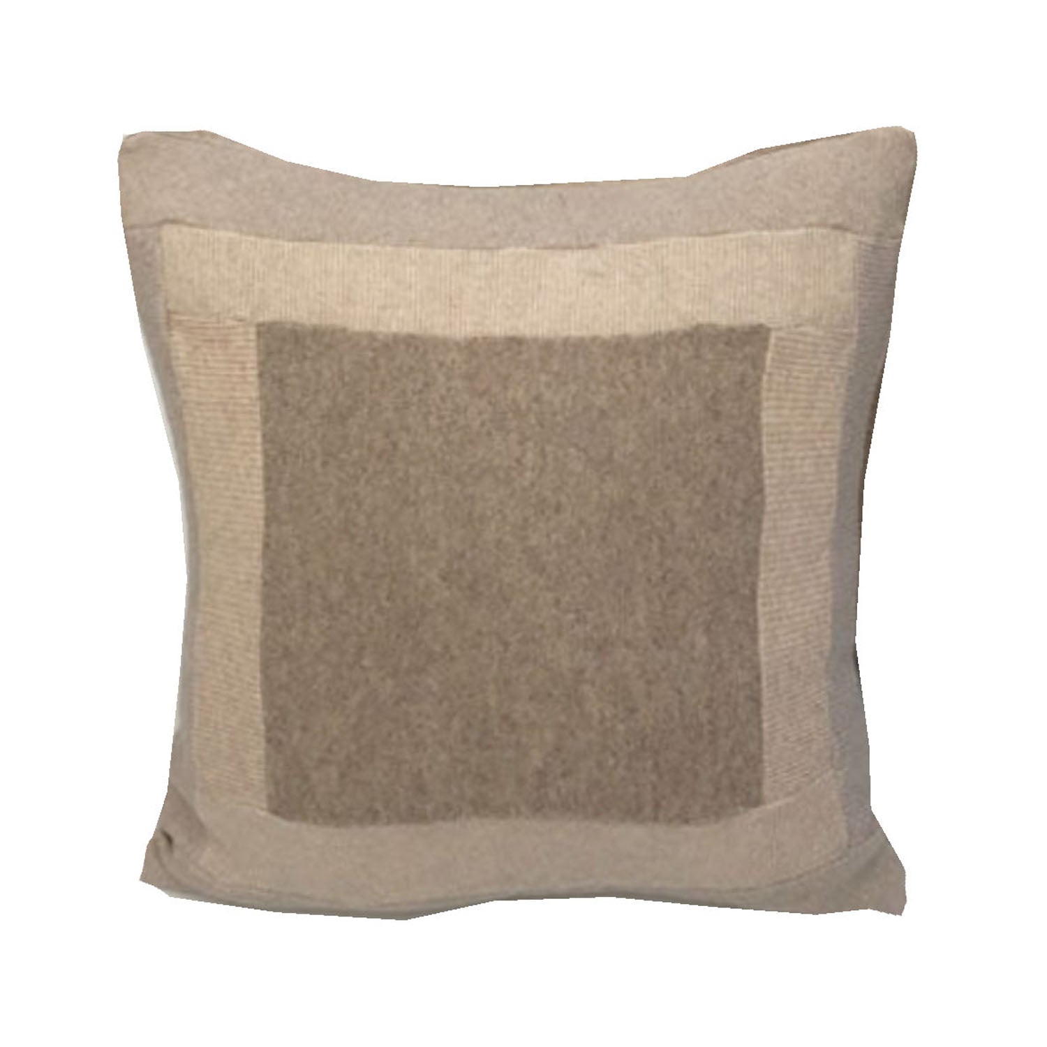 Beige pillow with a brown square in the center on a white background