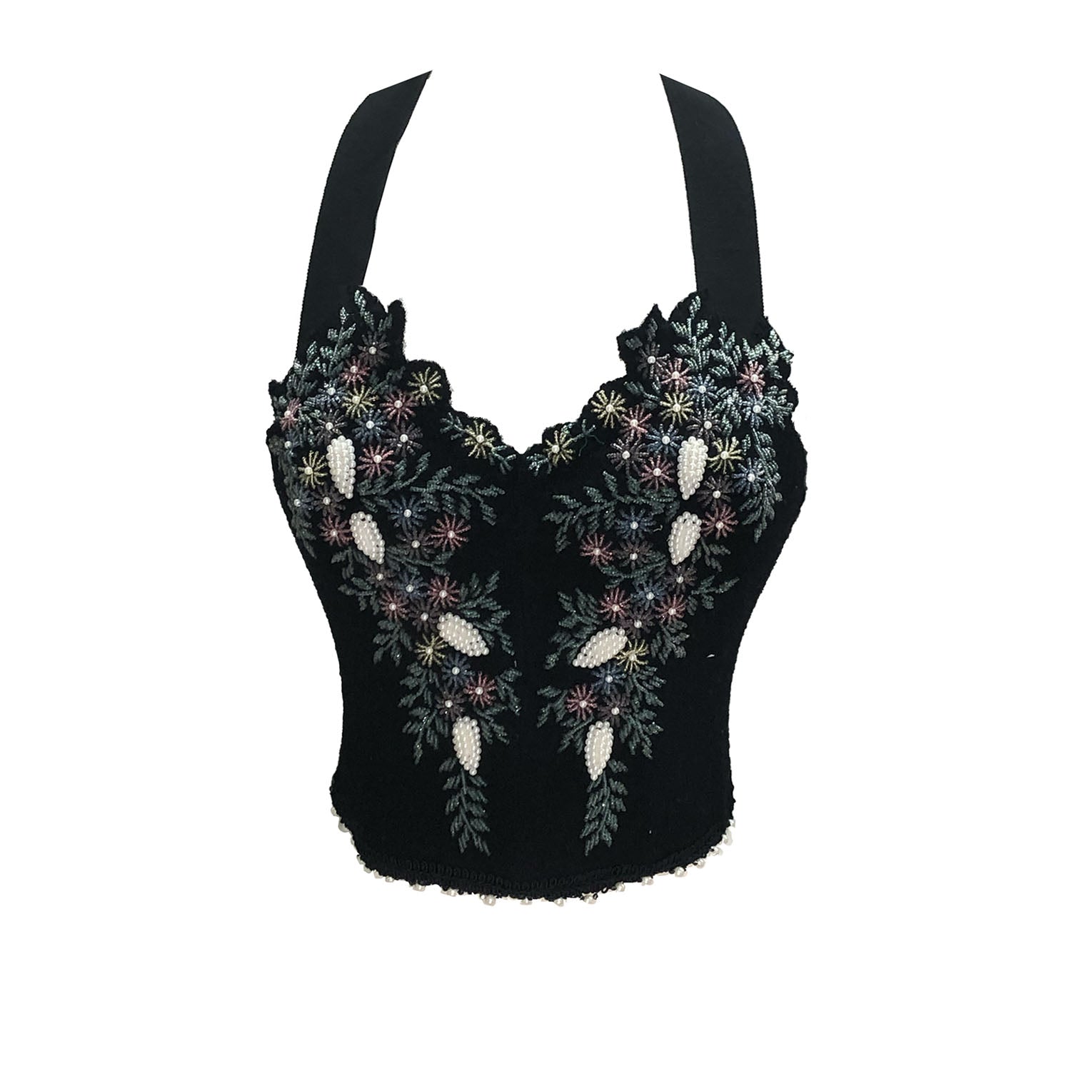 Vintage black wool bustier with floral beaded embellishments, halter neckline, and sculpted silhouette.

