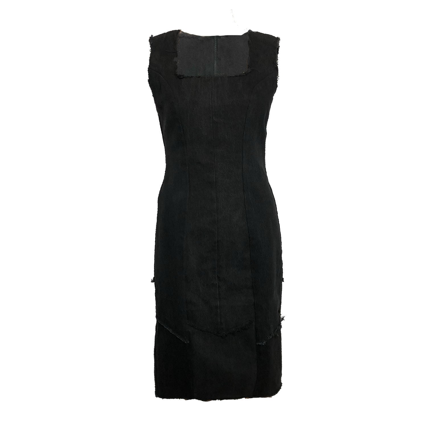 Bettina Dress – fitted little black dress in upcycled denim with raw edges and metal back zipper,