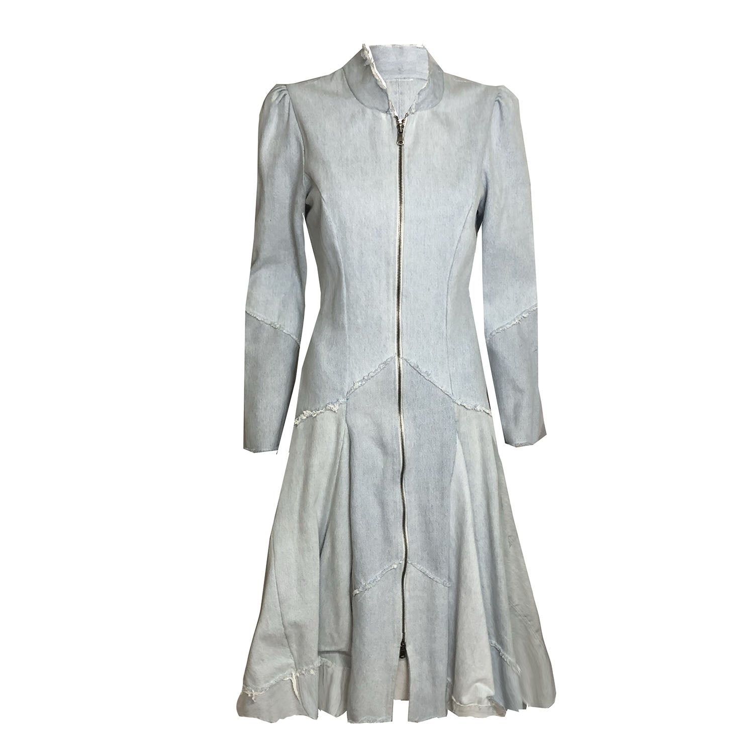 Fit-and-flare pale washed upcycled denim coat with mandarin collar, zip front, and flared skirt silhouette on white background.