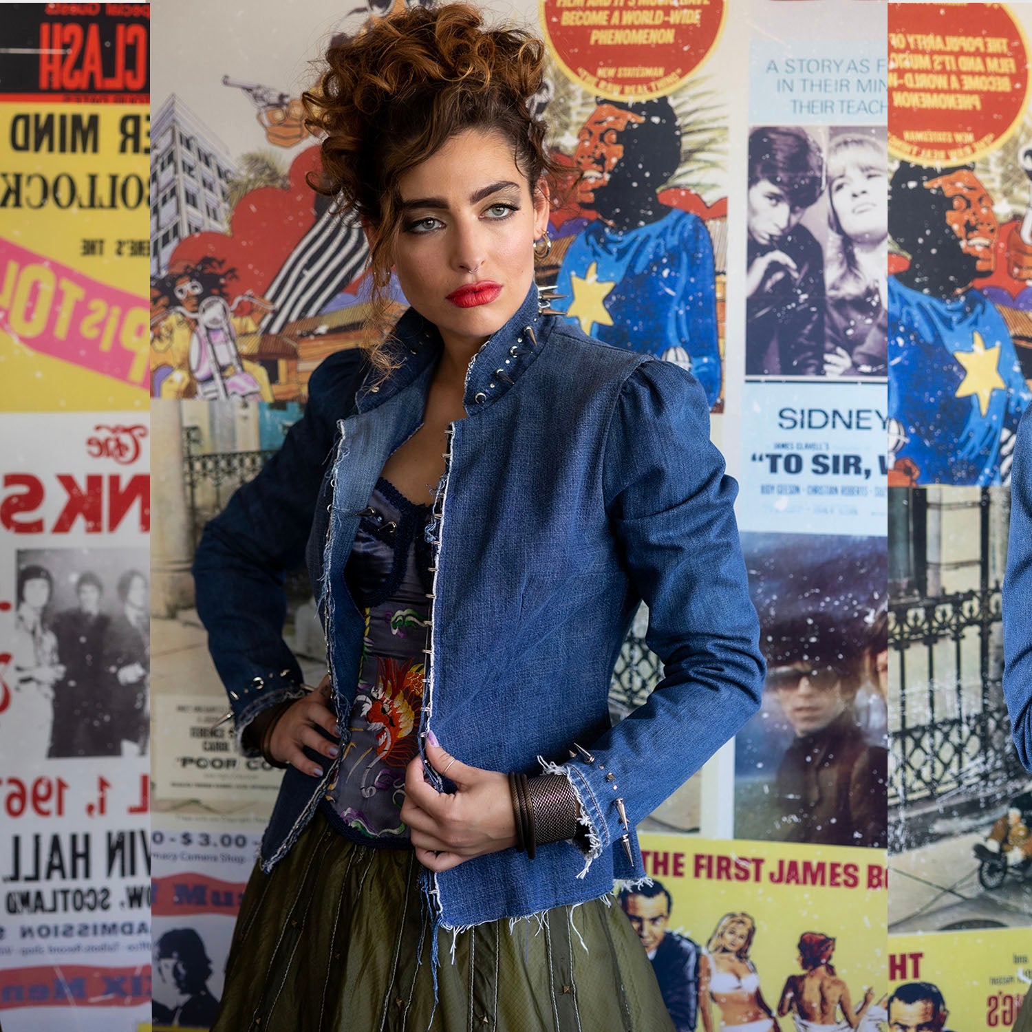 Elara jacket model Elara Jacket in upcycled blue denim with nickel spikes, fitted glam punk jacket by Deborah Lindquist