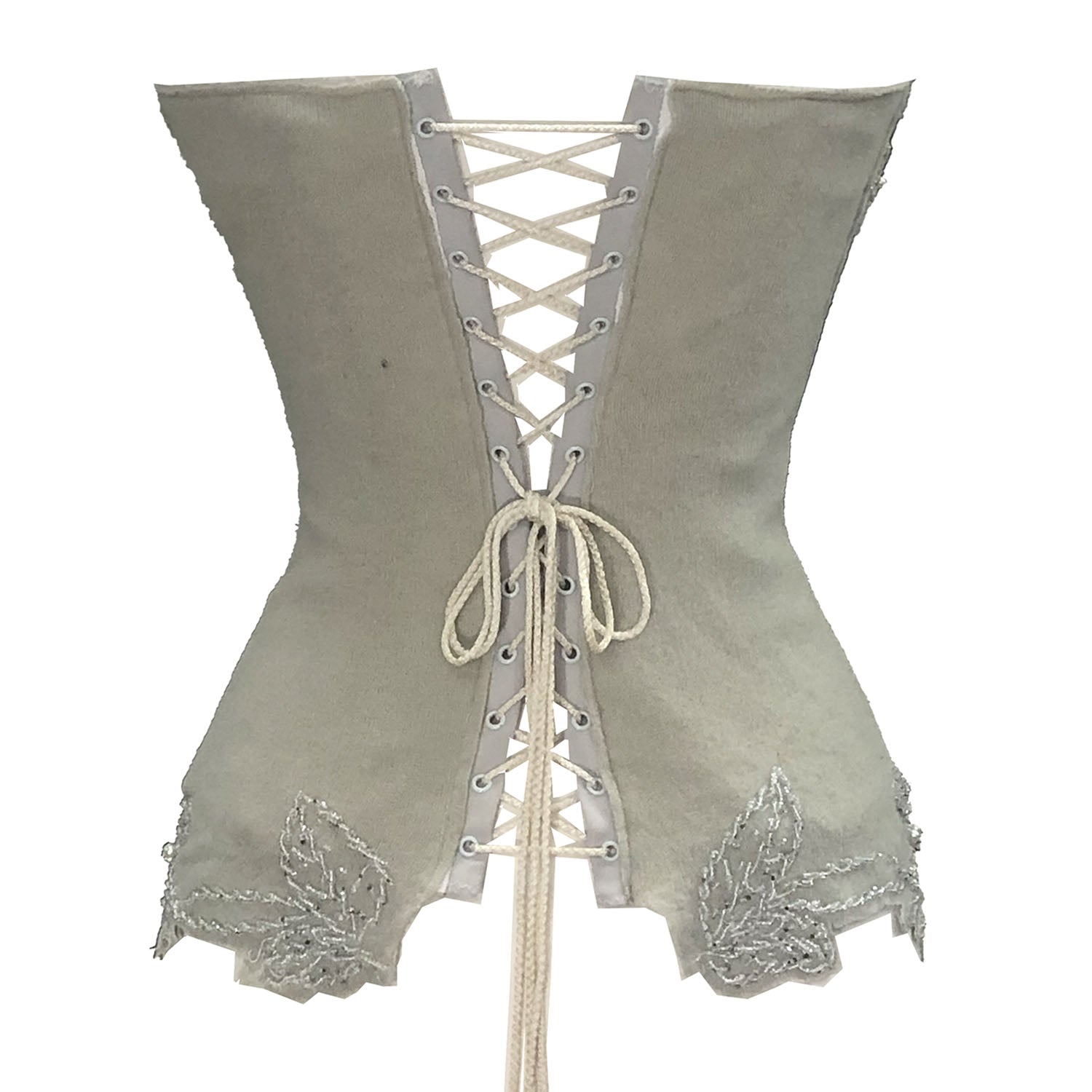 Eunice bustier back Vintage grey beaded wool bustier with front hook closure and corseted back, long line silhouette.