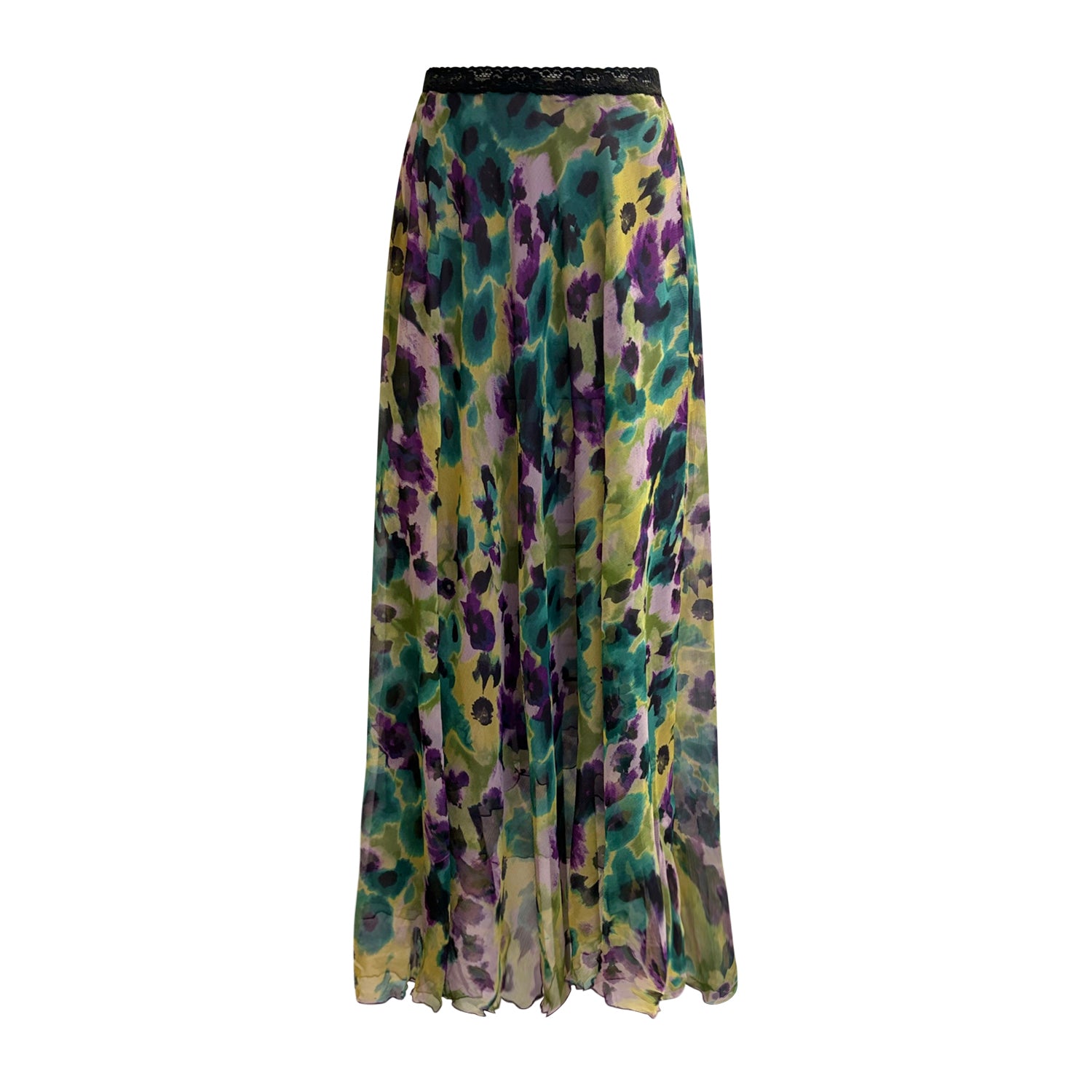 Monet-inspired floral silk chiffon maxi skirt with layered half-circle silhouette and elastic waistband, made from limited deadstock fabric.