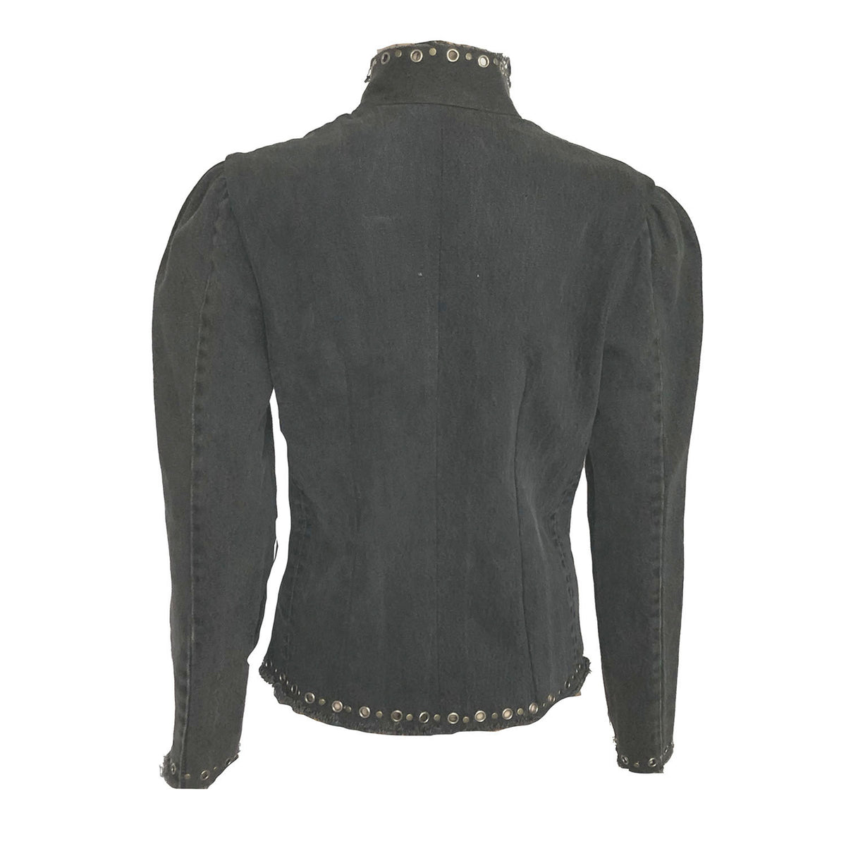 back-Galena Jacket in studded black denim with mandarin collar and hook closure