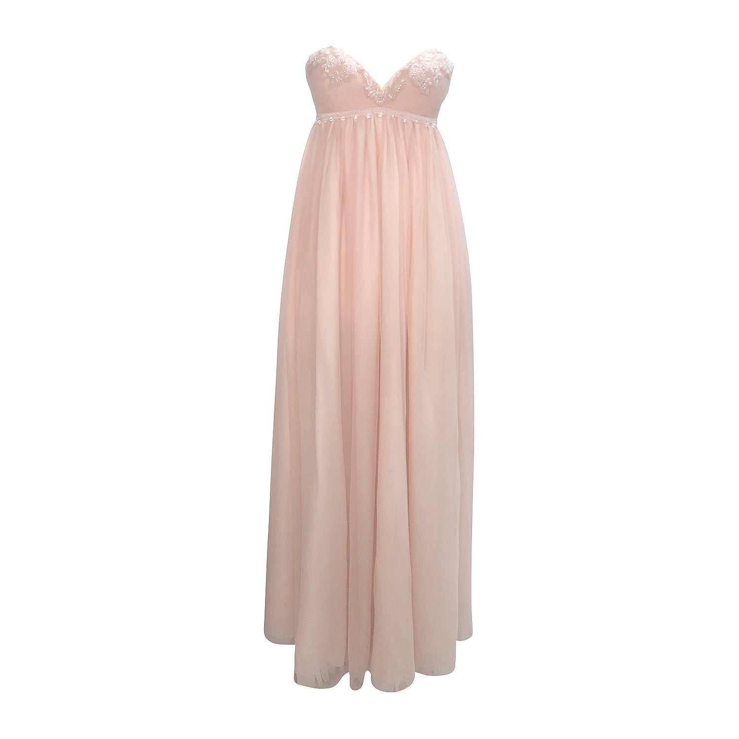 Guinevere Blush Empire Gown with vintage beaded wool bodice, clear crystal bead details, and flowing English net skirt in soft blush, designed with an empire waist silhouette.