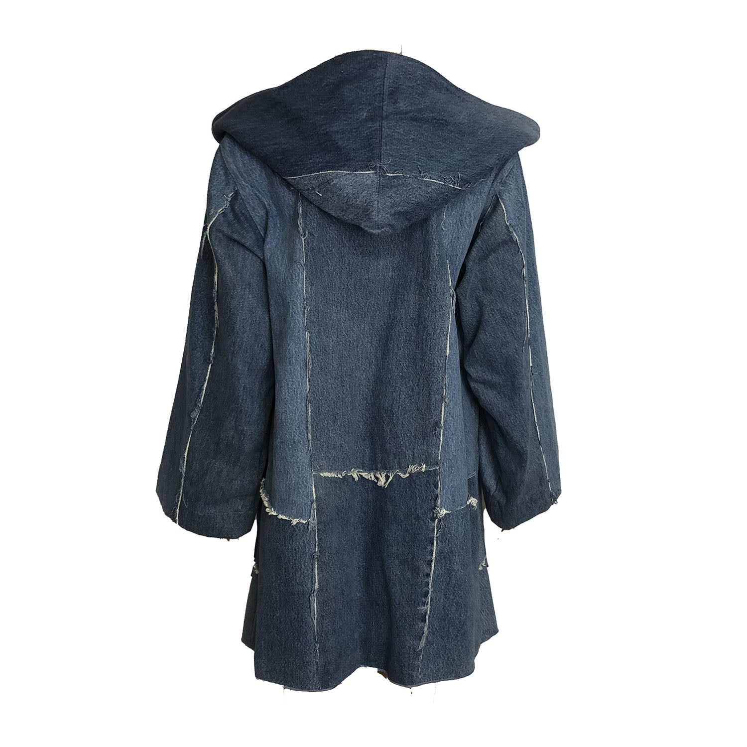back-Oversized hooded coat in medium blue upcycled denim with raw-edged detail and knee-length silhouette.Harper coat blue back