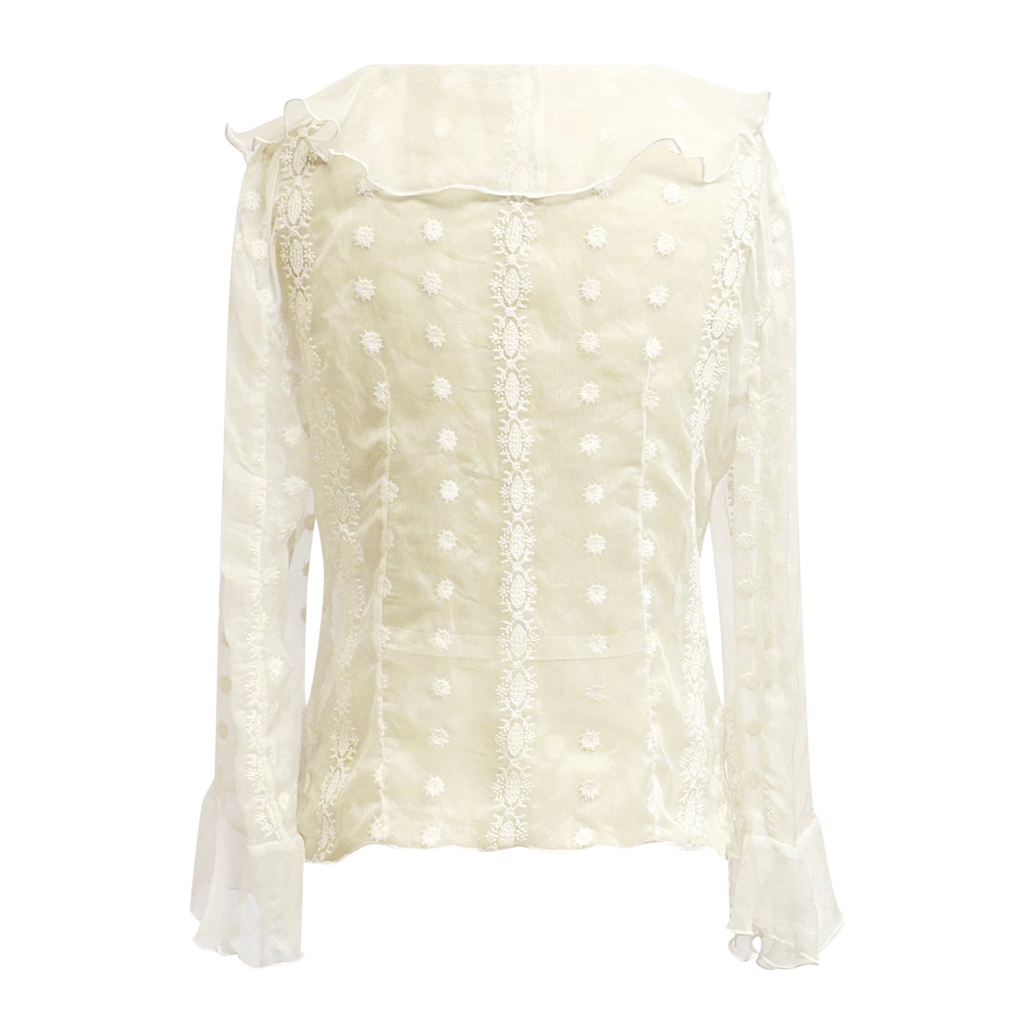 White embroidered silk chiffon Lillia Blouse back  and long ruffled sleeves