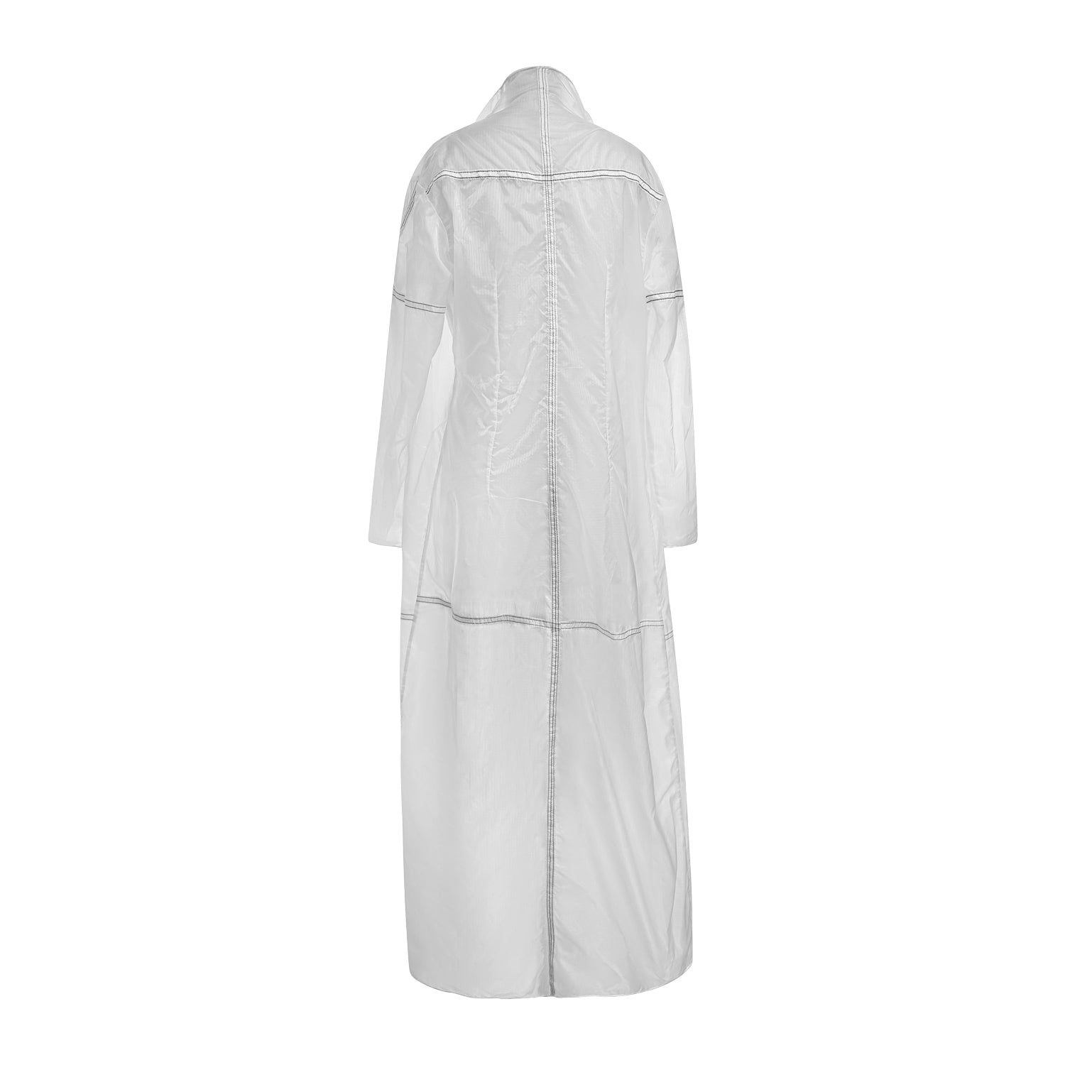 Long sheer duster coat with open front, wide collar, and visible parachute seamlines. Made from upcycled military nylon.